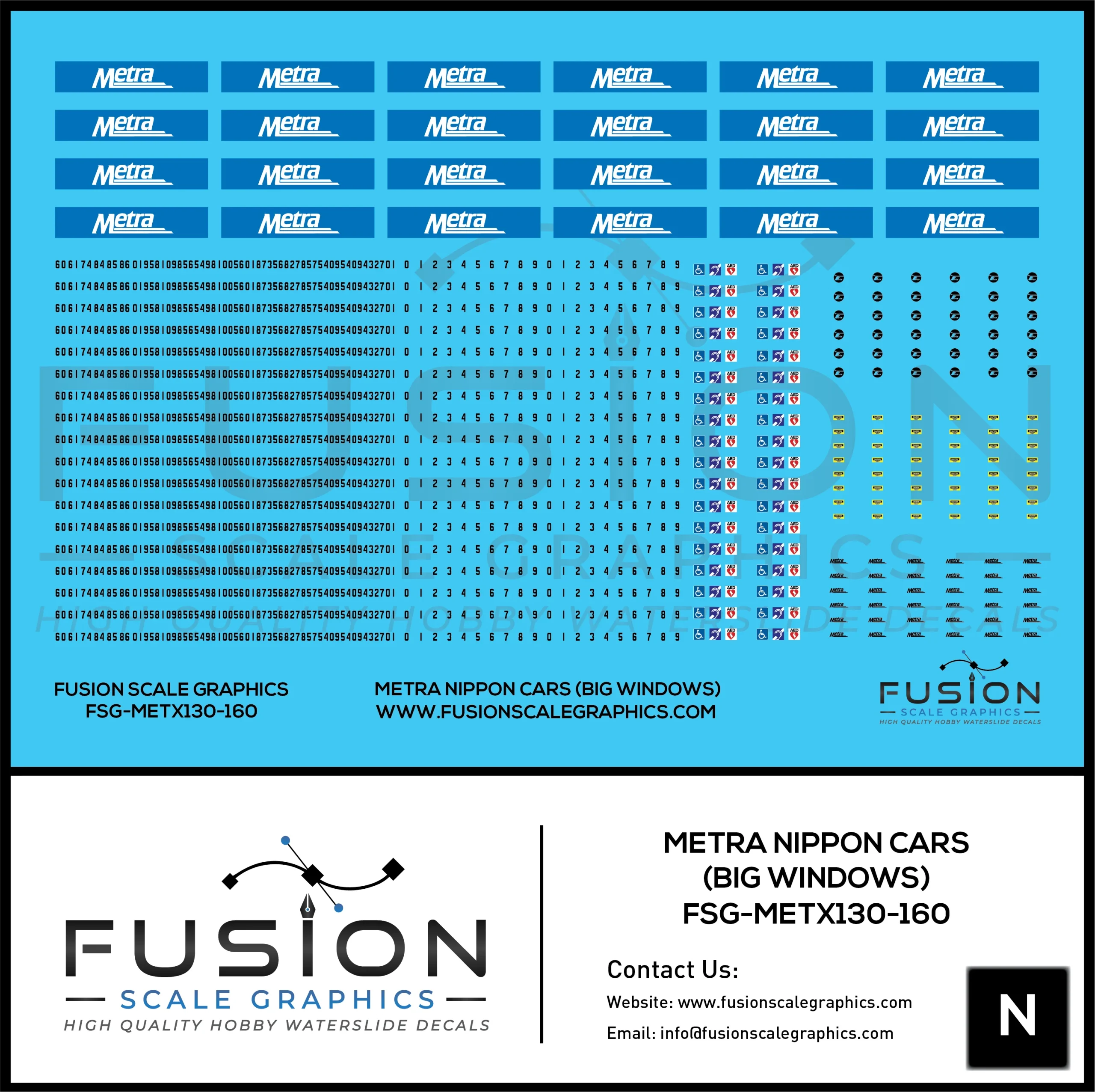 N Scale Metra Nippon Sharyo Bilevel Passenger Car Decal Set - Fusion Scale Graphics