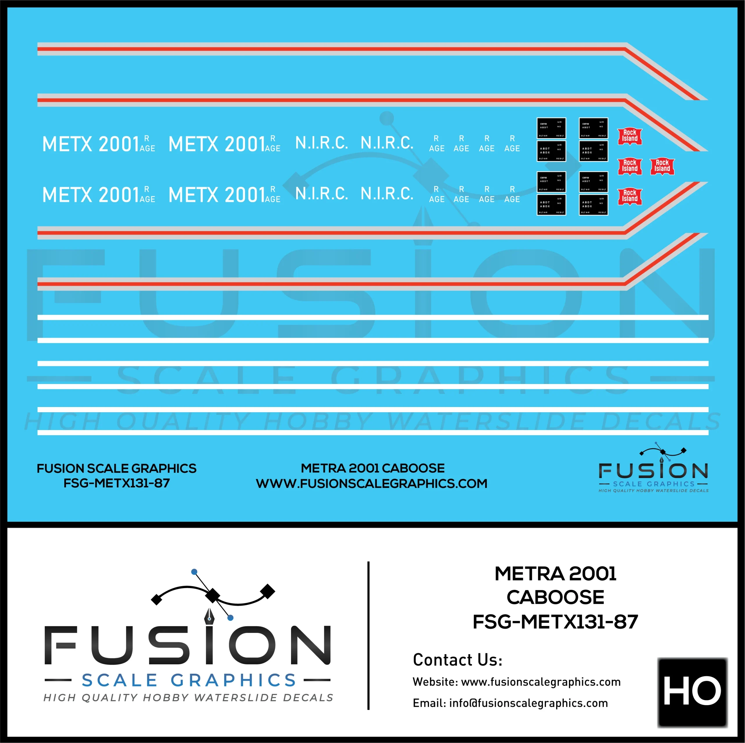 HO Scale Metra 2001 Rock Island Caboose Decal Set - Fusion Scale Graphics