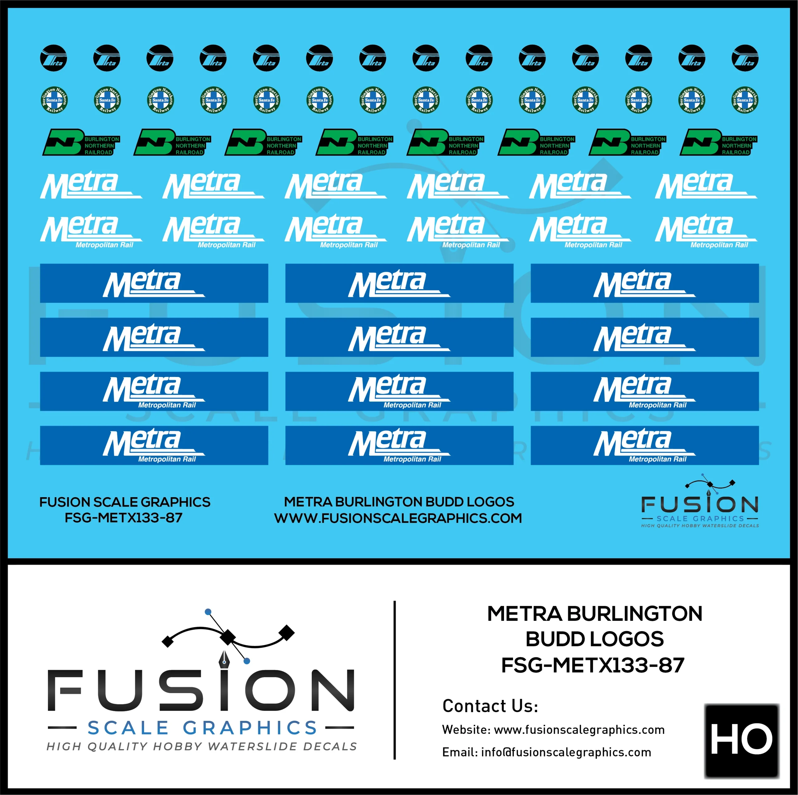 HO Scale Metra Burlington Budd Logos Decal Set - Fusion Scale Graphics