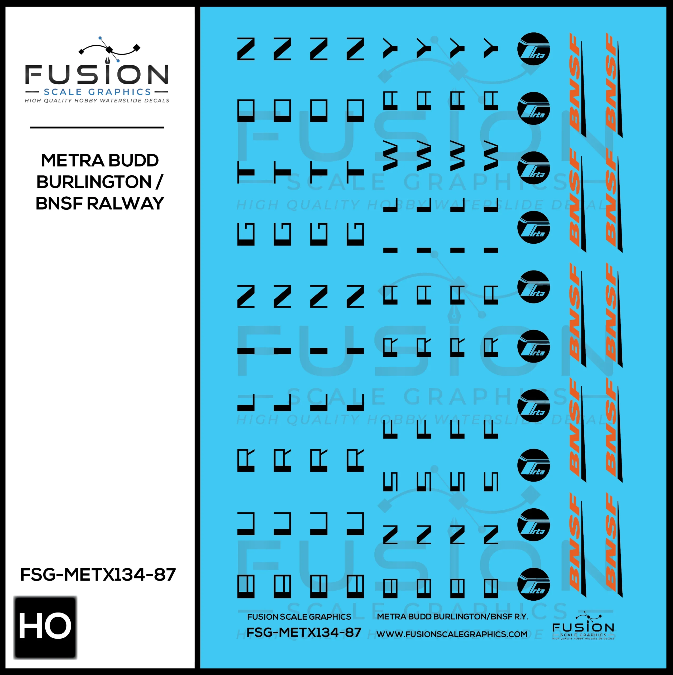 HO Scale Metra Burlington / BNSF Railway Letterboards ex Burlington Budd Cars Decal Set - Fusion Scale Graphics
