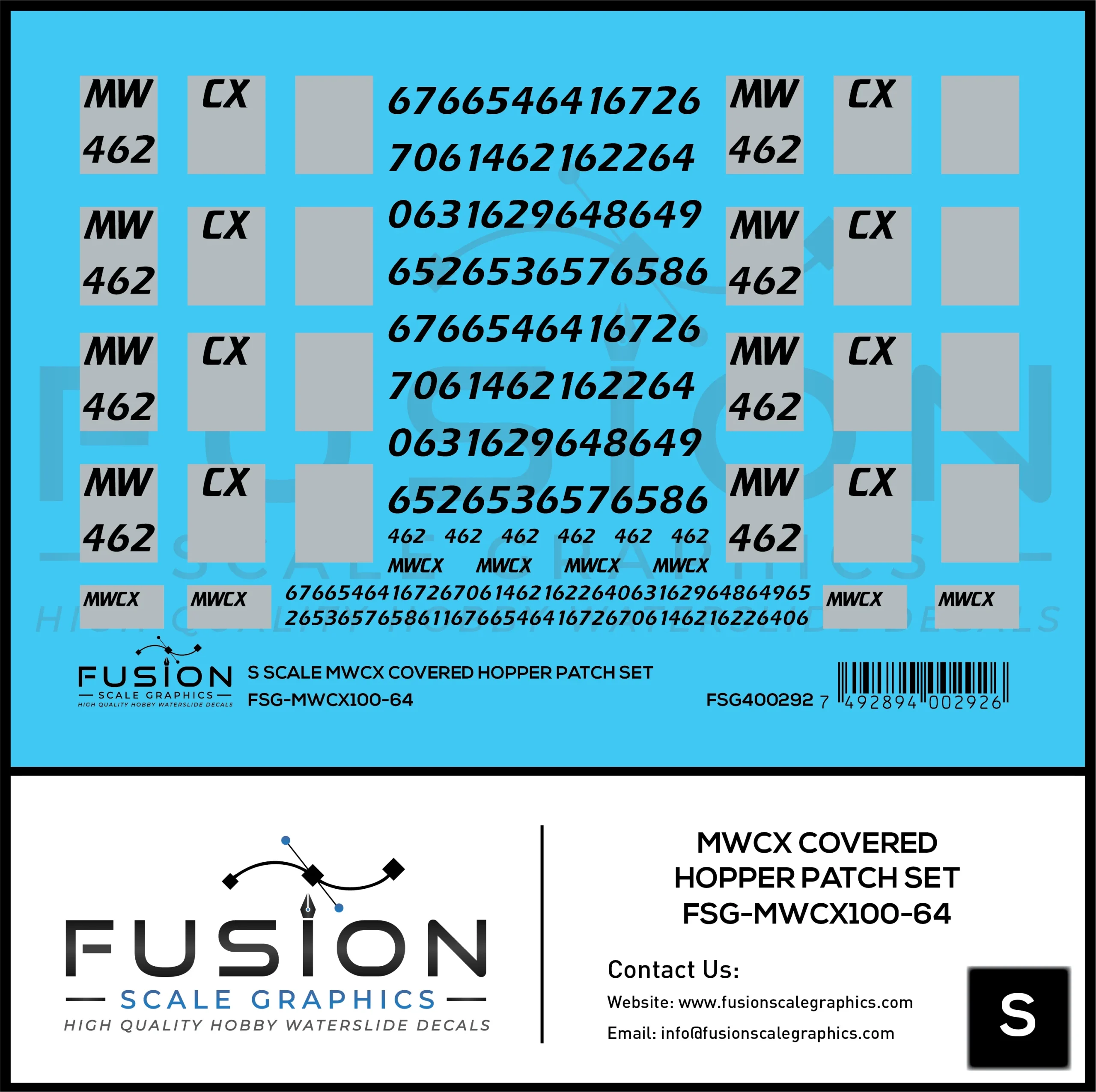 S Scale MWCX Covered Hopper Patching Decal Set - Fusion Scale Graphics