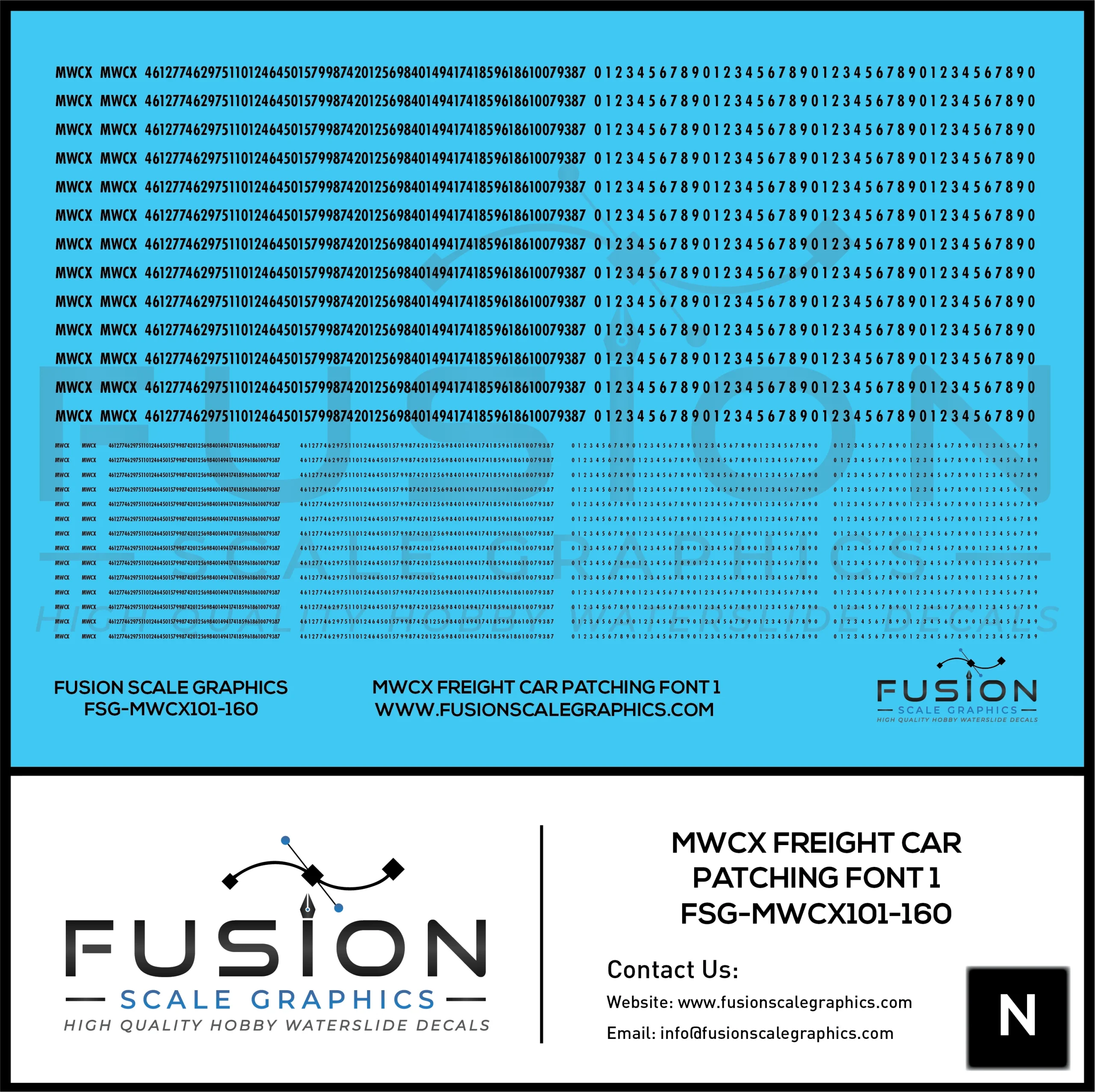 N Scale MWCX Freight Car Patching Font 1 Decal Set - Fusion Scale Graphics
