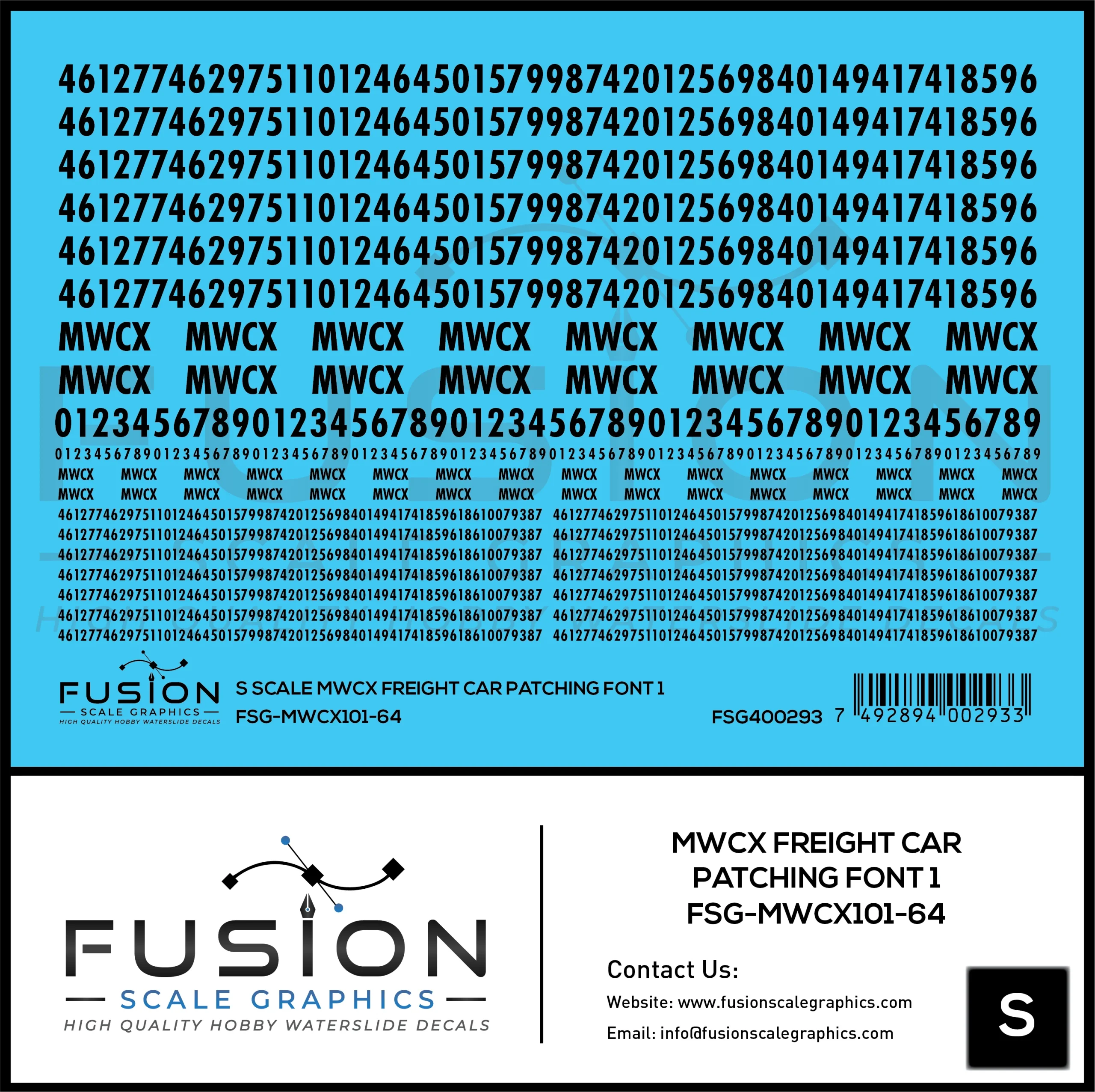 S Scale MWCX Freight Car Patching Font 1 Decal Set - Fusion Scale Graphics