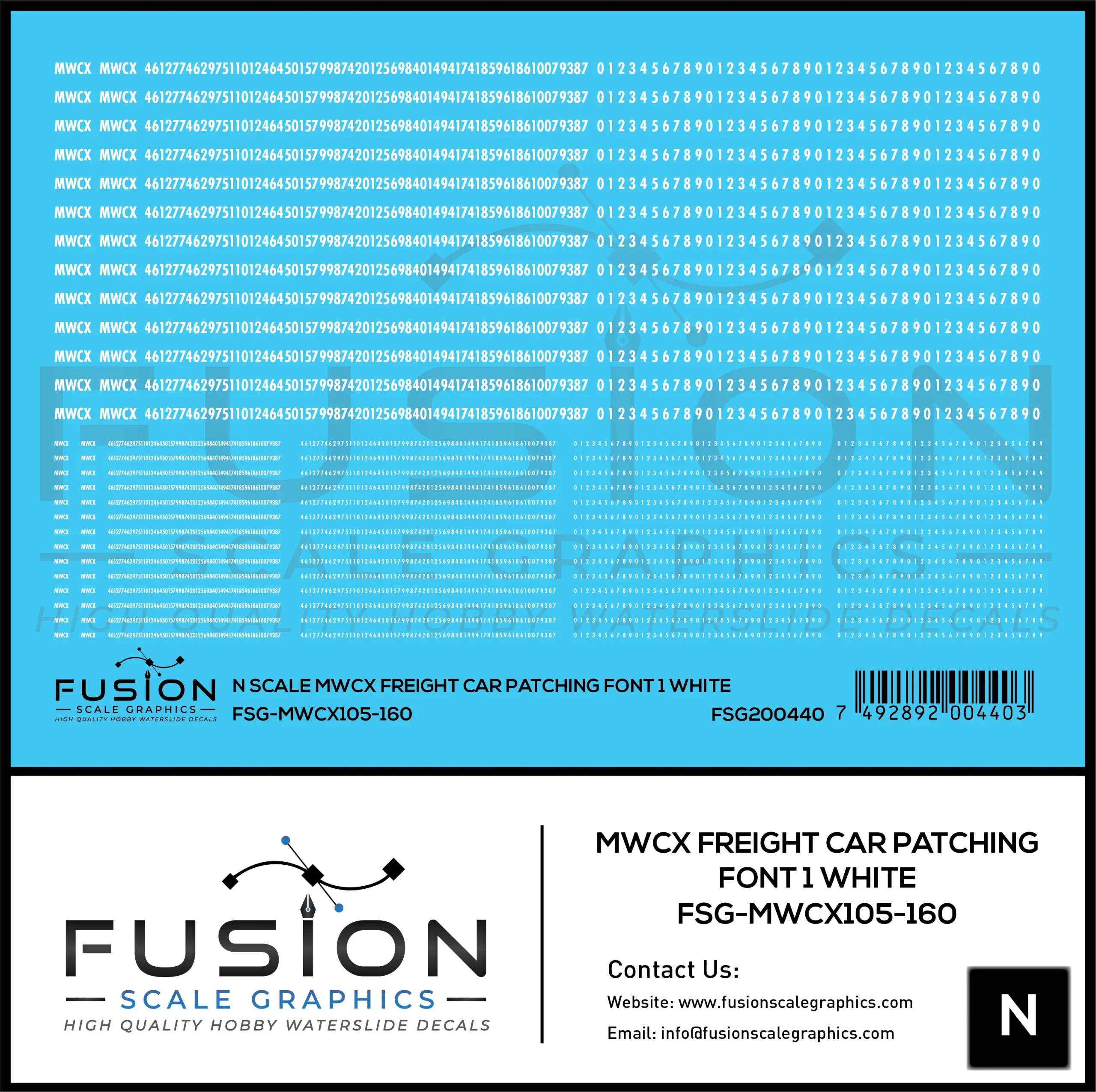 N Scale MWCX Freight Car Patching Decal Set Font 1 White - Fusion Scale Graphics