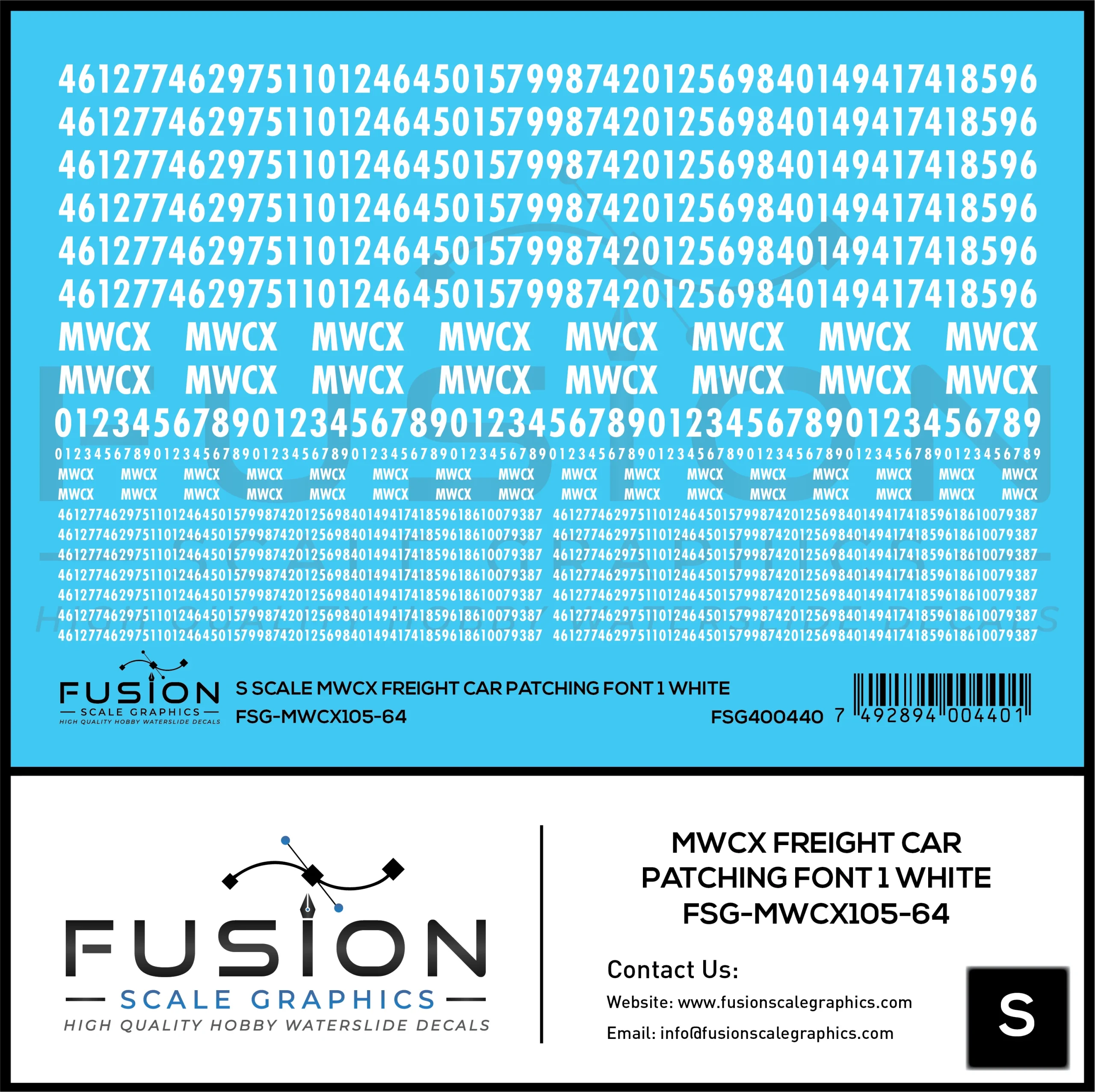 S Scale MWCX Freight Car Patching Decal Set Font 1 White - Fusion Scale Graphics