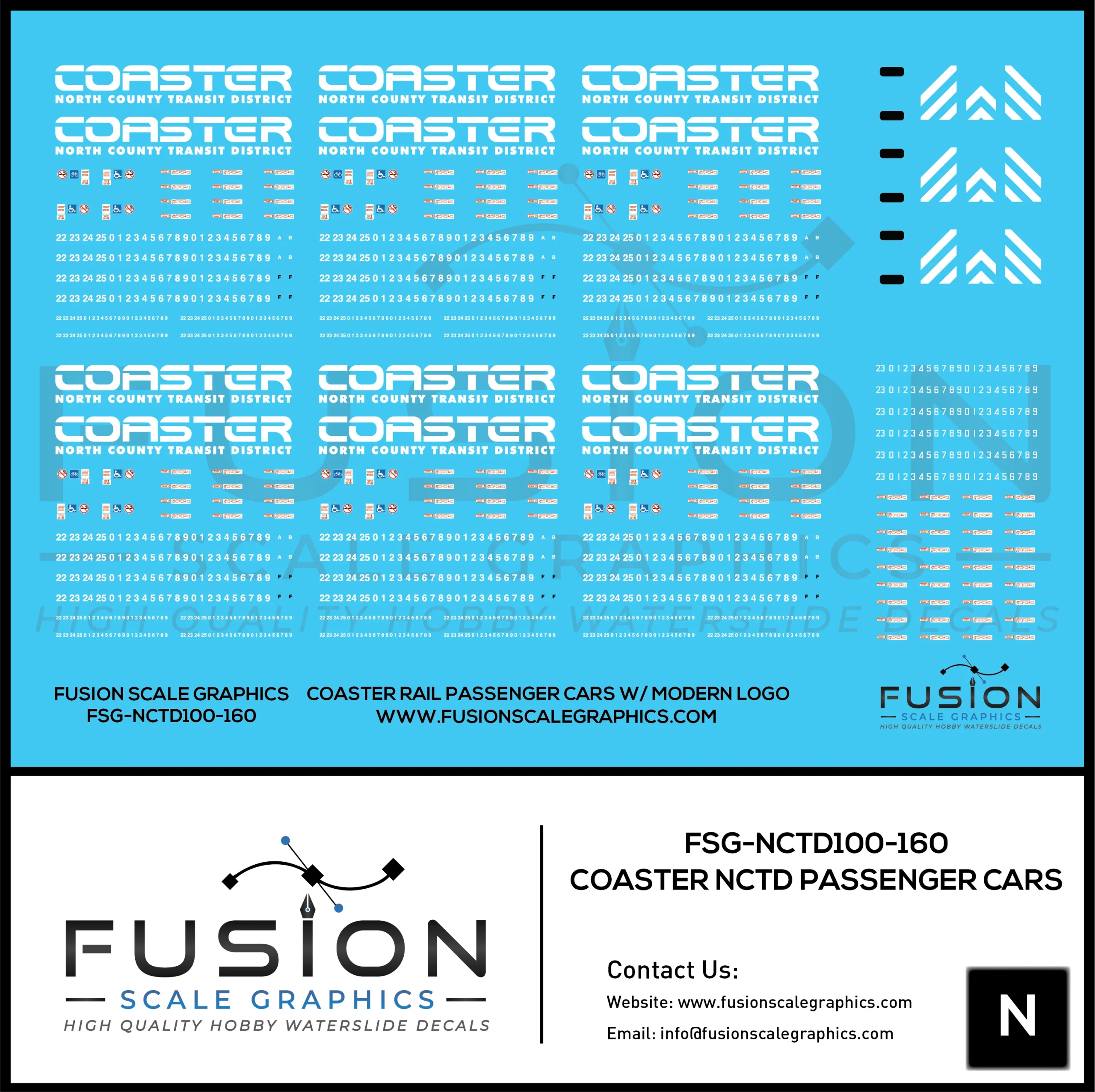 N Scale Coaster Rail NCTD Modern Passenger Car Decals - Fusion Scale Graphics