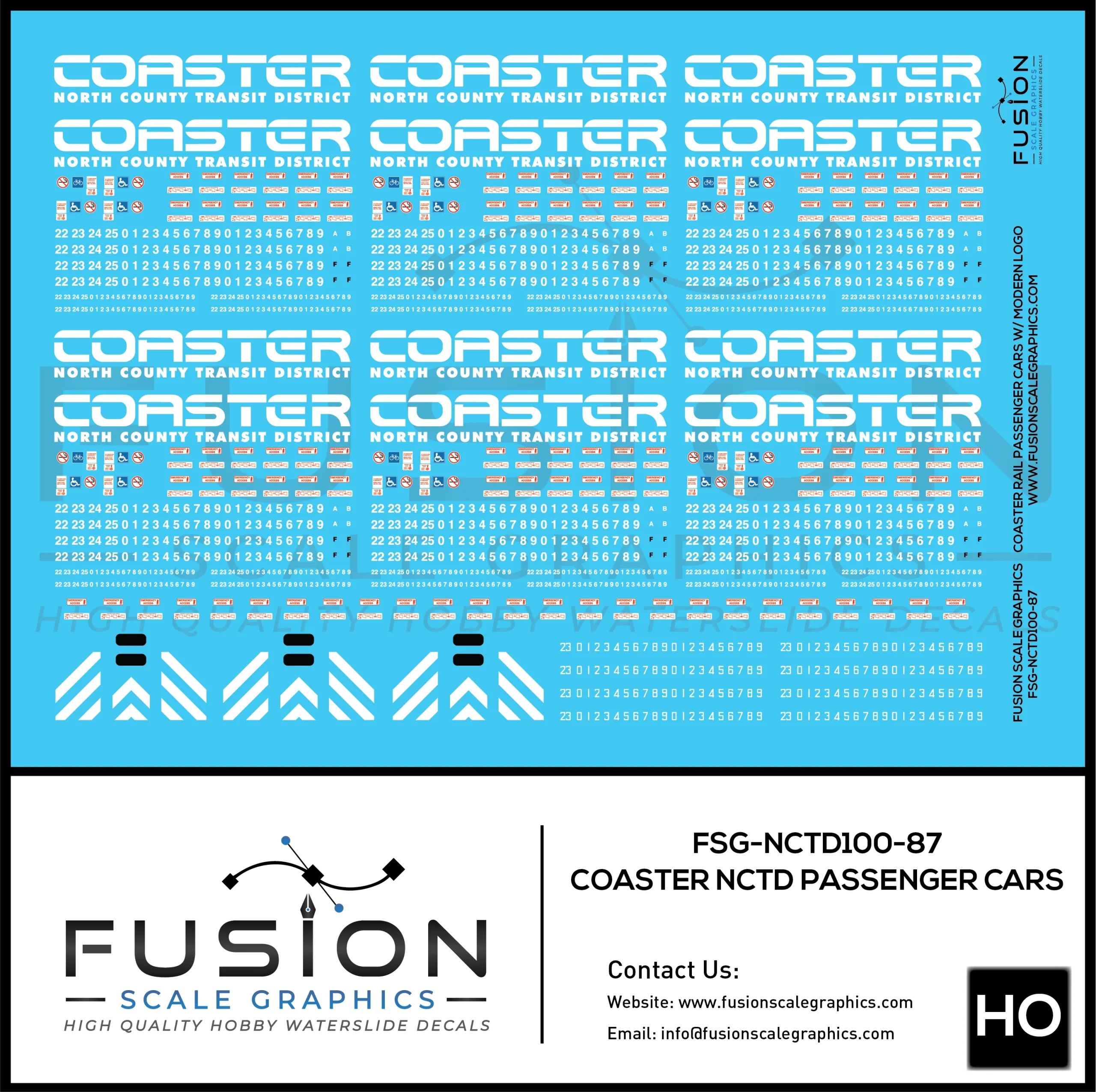 HO Scale Coaster Rail NCTD Modern Passenger Car Decals - Fusion Scale Graphics