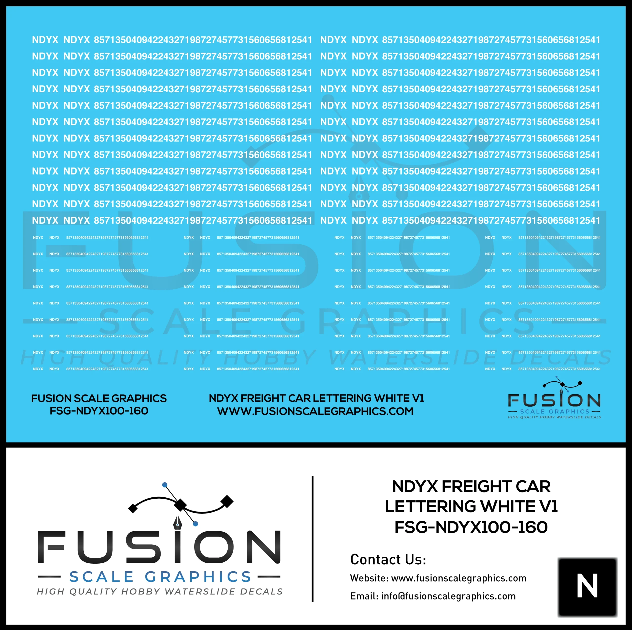 N Scale White NDYX Freight Car Lettering Decal Set - Fusion Scale Graphics