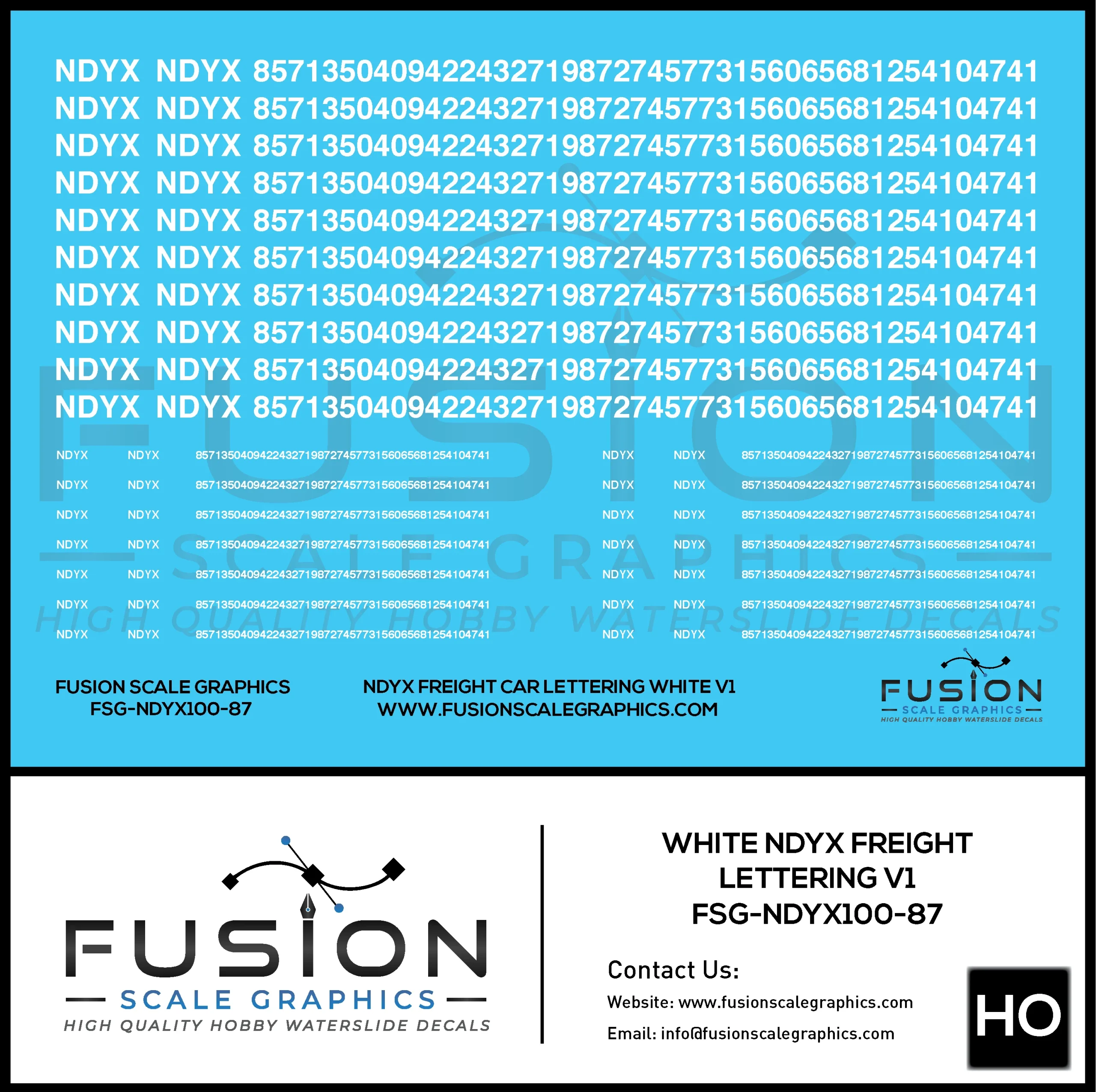 HO Scale White NDYX Freight Car Lettering Decal Set - Fusion Scale Graphics