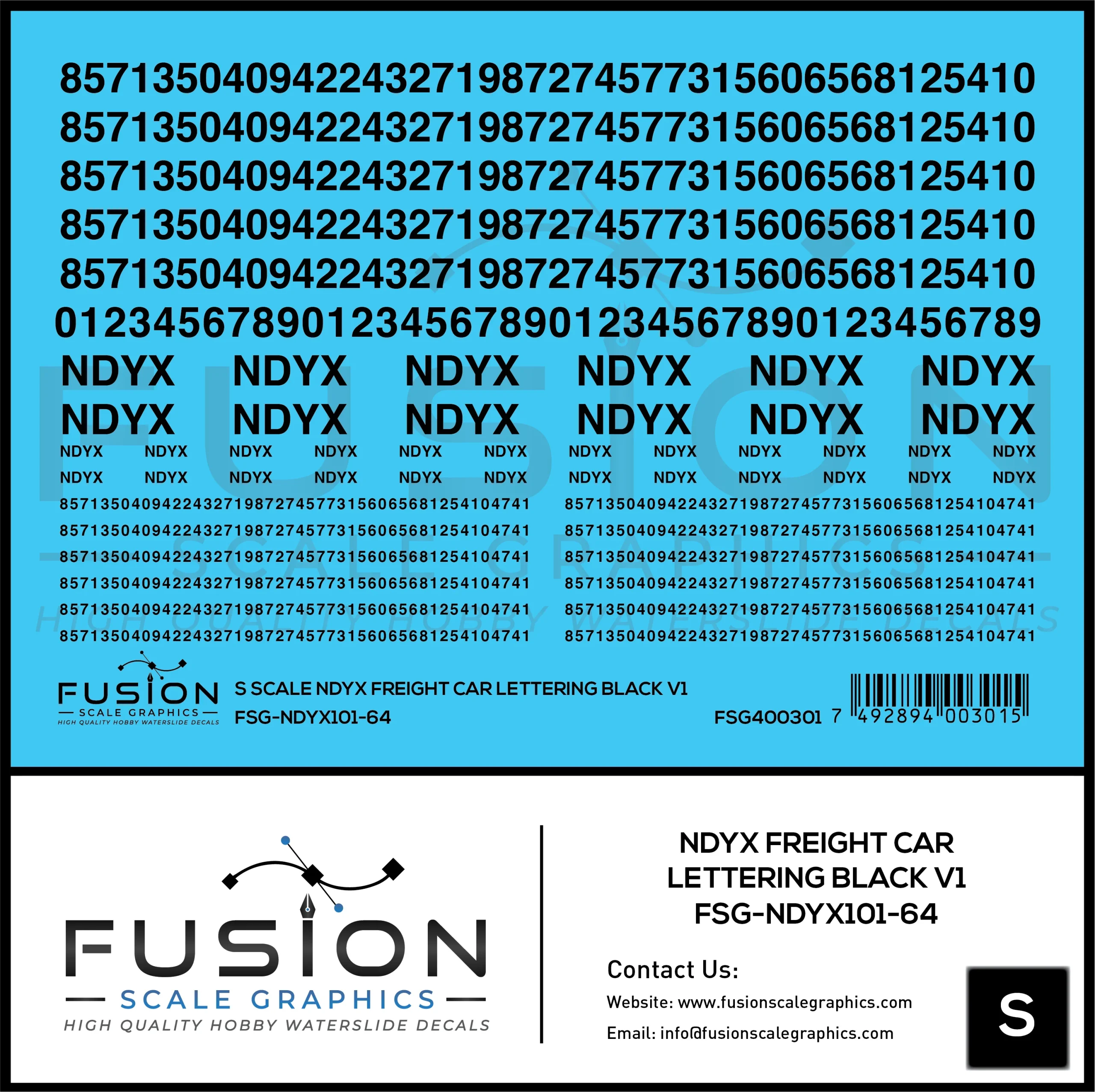 S Scale NDYX Black Freight Car Lettering V1 Decal Set - Fusion Scale Graphics