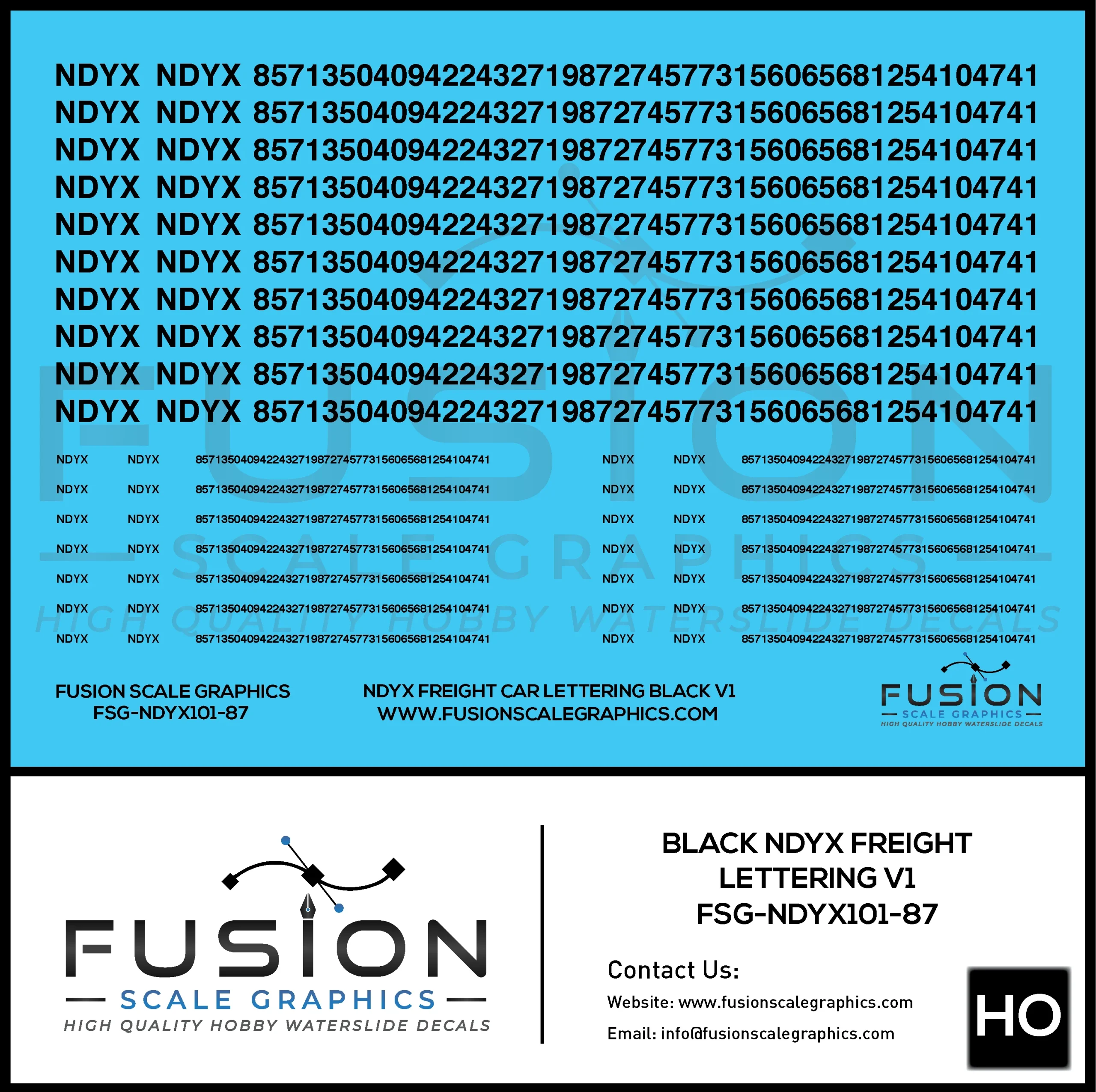 HO Scale Black NDYX Freight Car Lettering Decal Set - Fusion Scale Graphics