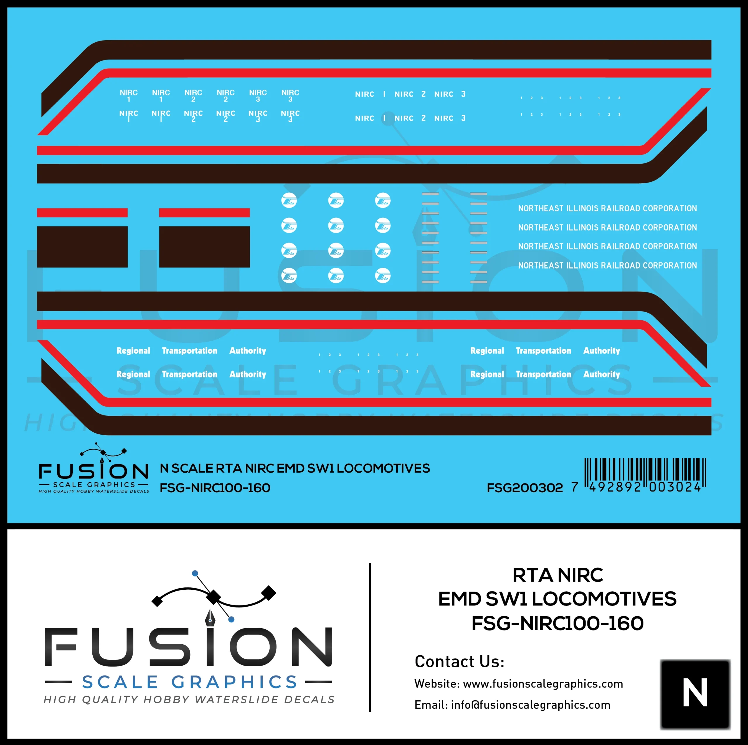 N Scale RTA Northeast Illinois Railroad Corp EMD SW1 Locomotives Decal Set - Fusion Scale Graphics