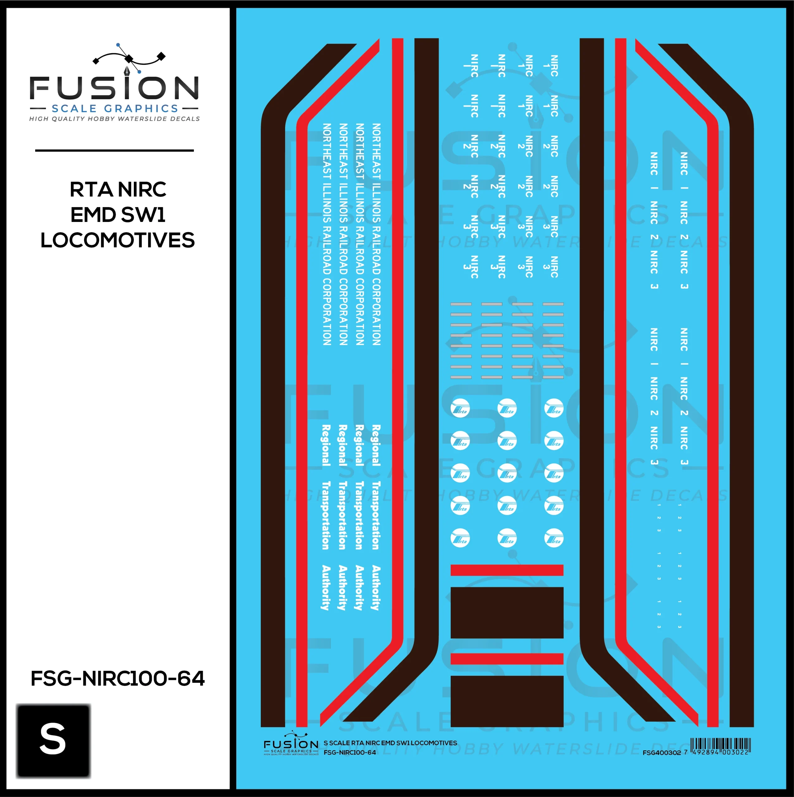 S Scale RTA Northeast Illinois Railroad Corp EMD SW1 Locomotives Decal Set - Fusion Scale Graphics