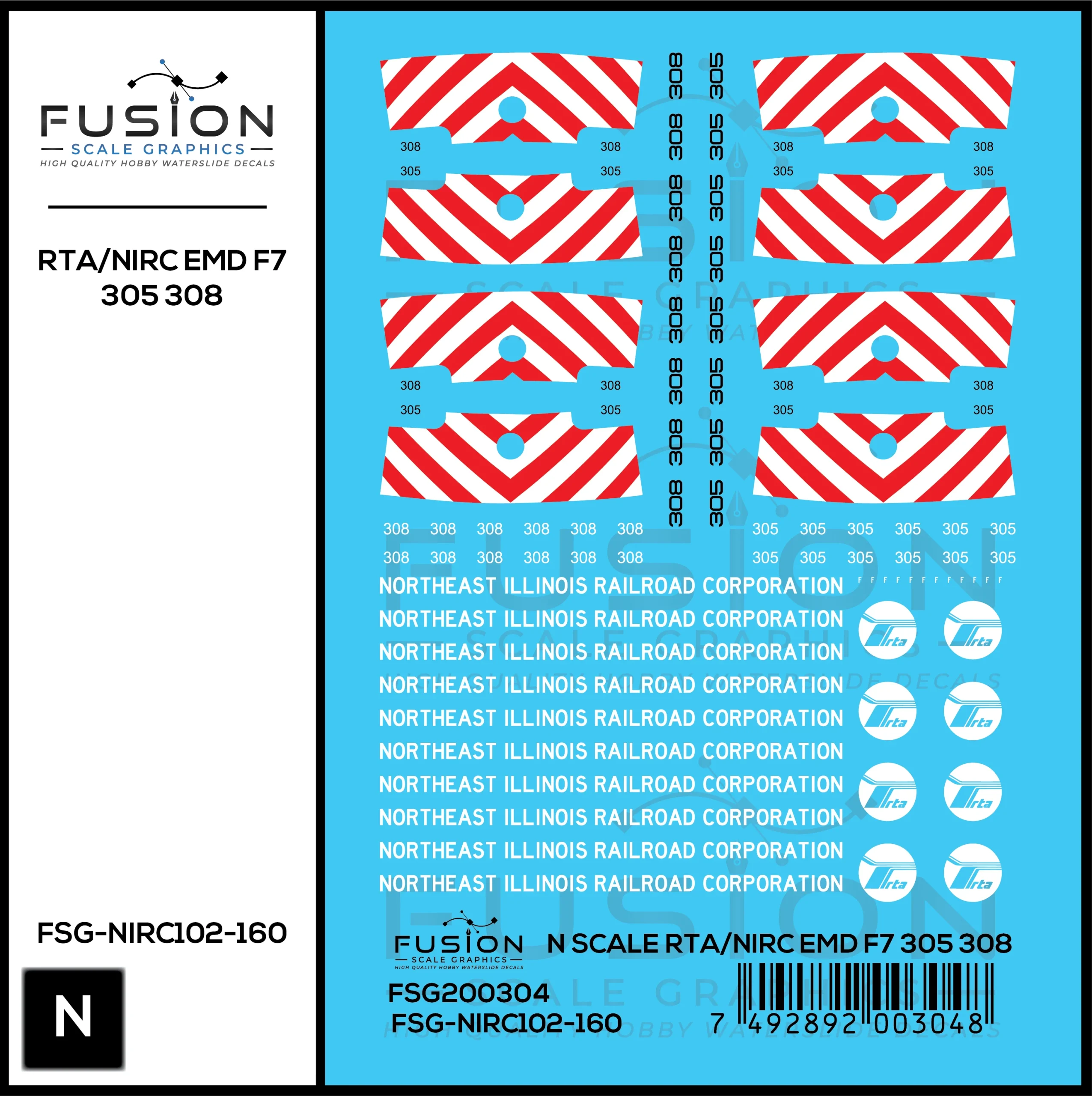 N Scale RTA/Northeast Illinois Railroad Corp EMD F7 305, 308 Locomotives Decal Set - Fusion Scale Graphics