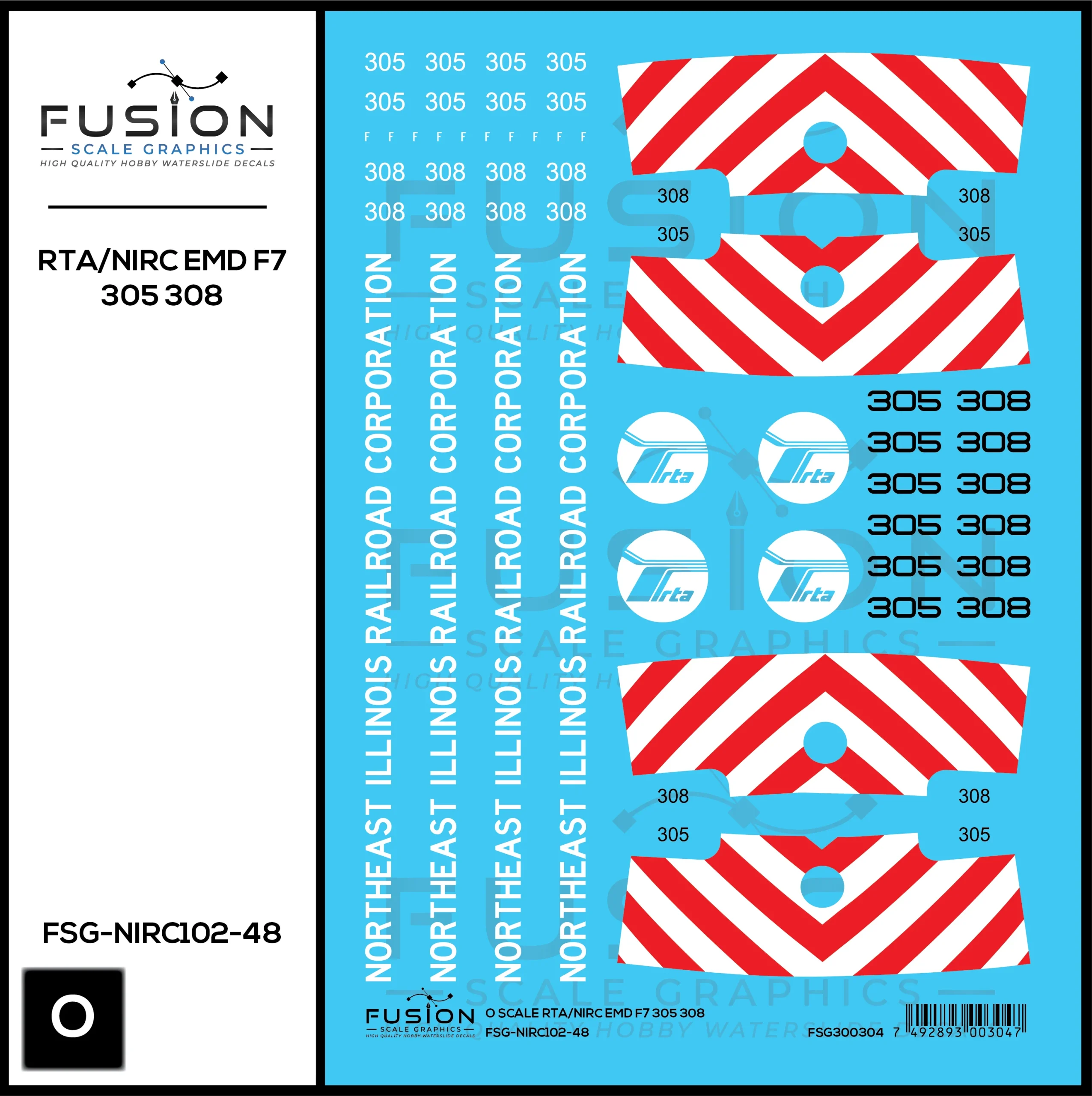 O Scale RTA/Northeast Illinois Railroad Corp EMD F7 305, 308 Locomotives Decal Set - Fusion Scale Graphics