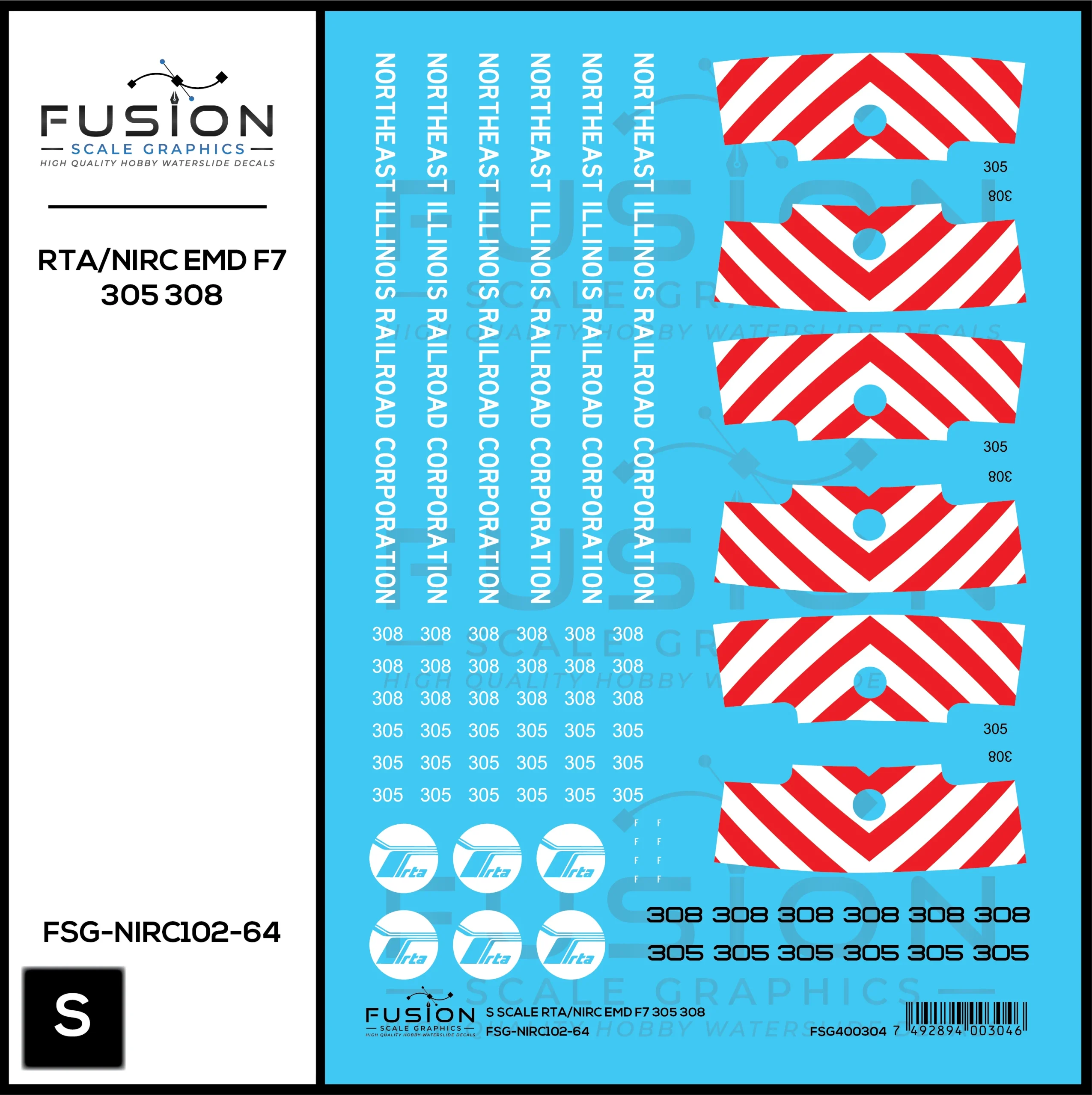 S Scale RTA/Northeast Illinois Railroad Corp EMD F7 305, 308 Locomotives Decal Set - Fusion Scale Graphics