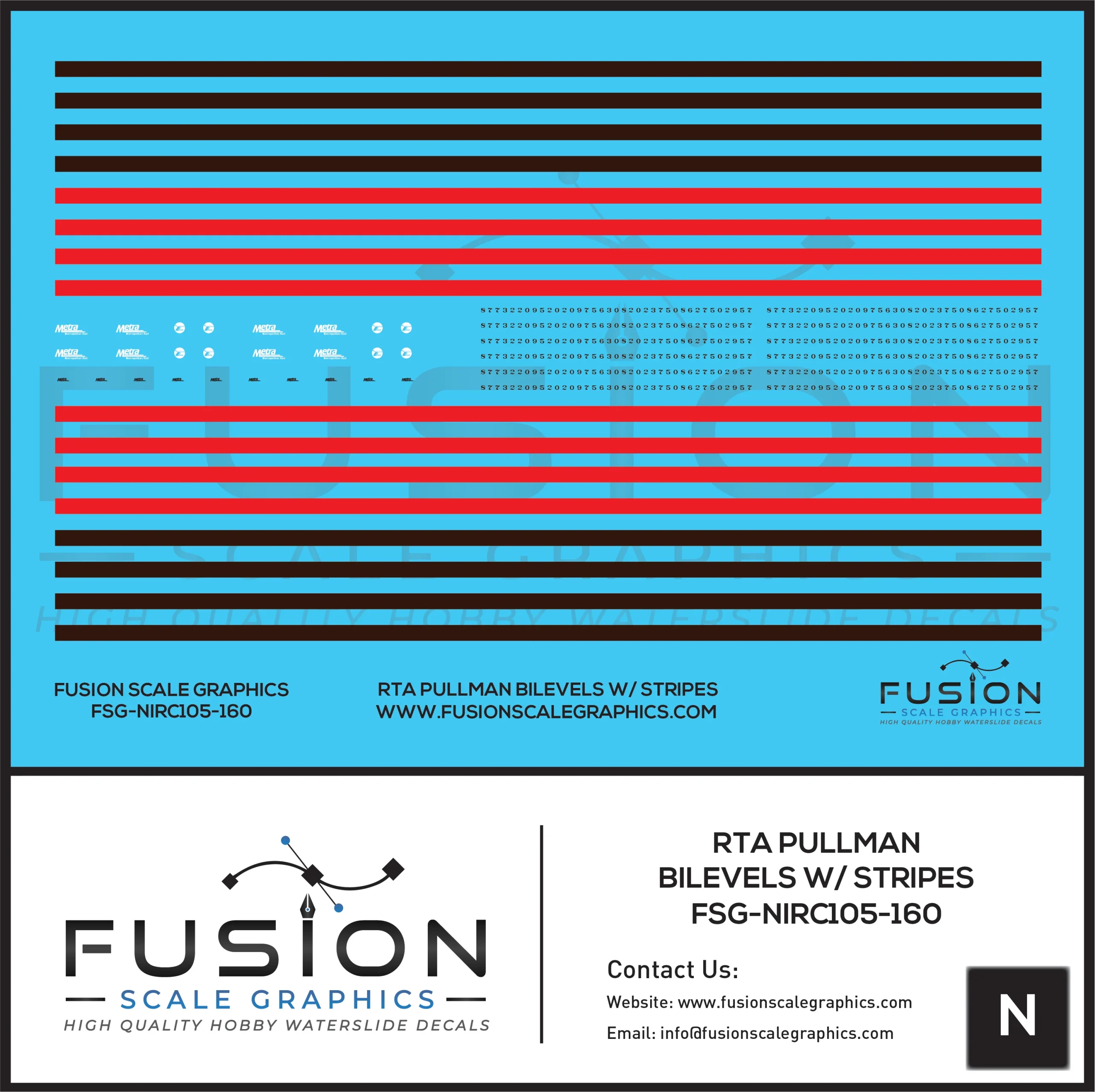 N Scale RTA Pullman BiLevel Cars Decal Set W/ Stripes - Fusion Scale Graphics