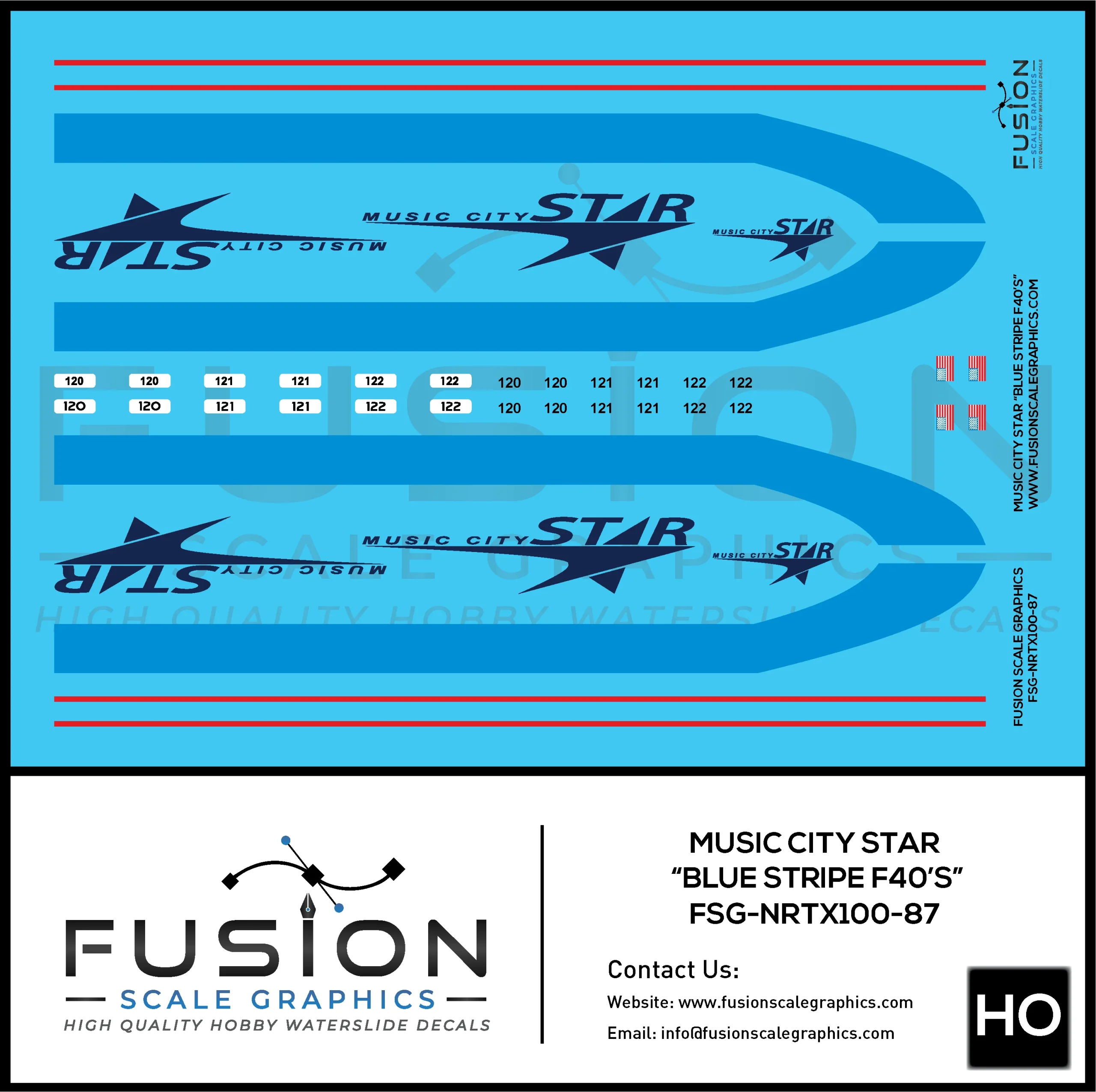 HO Scale Music City Star Blue Stripe F40PH Locomotives Decal Set - Fusion Scale Graphics