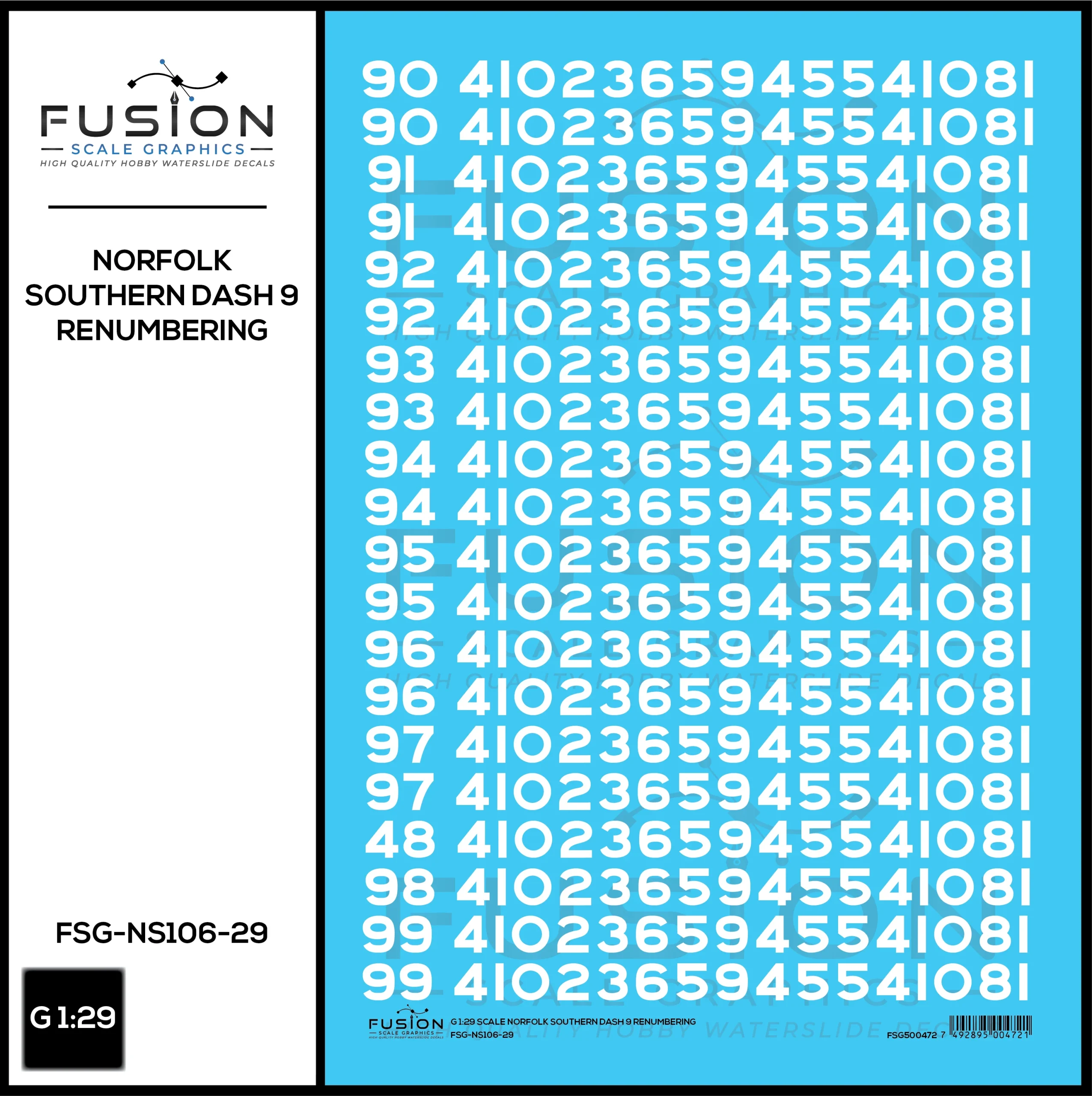 G 1:29 Scale Norfolk Southern GE Dash 9 Locomotive Renumbering Decal Set - Fusion Scale Graphics