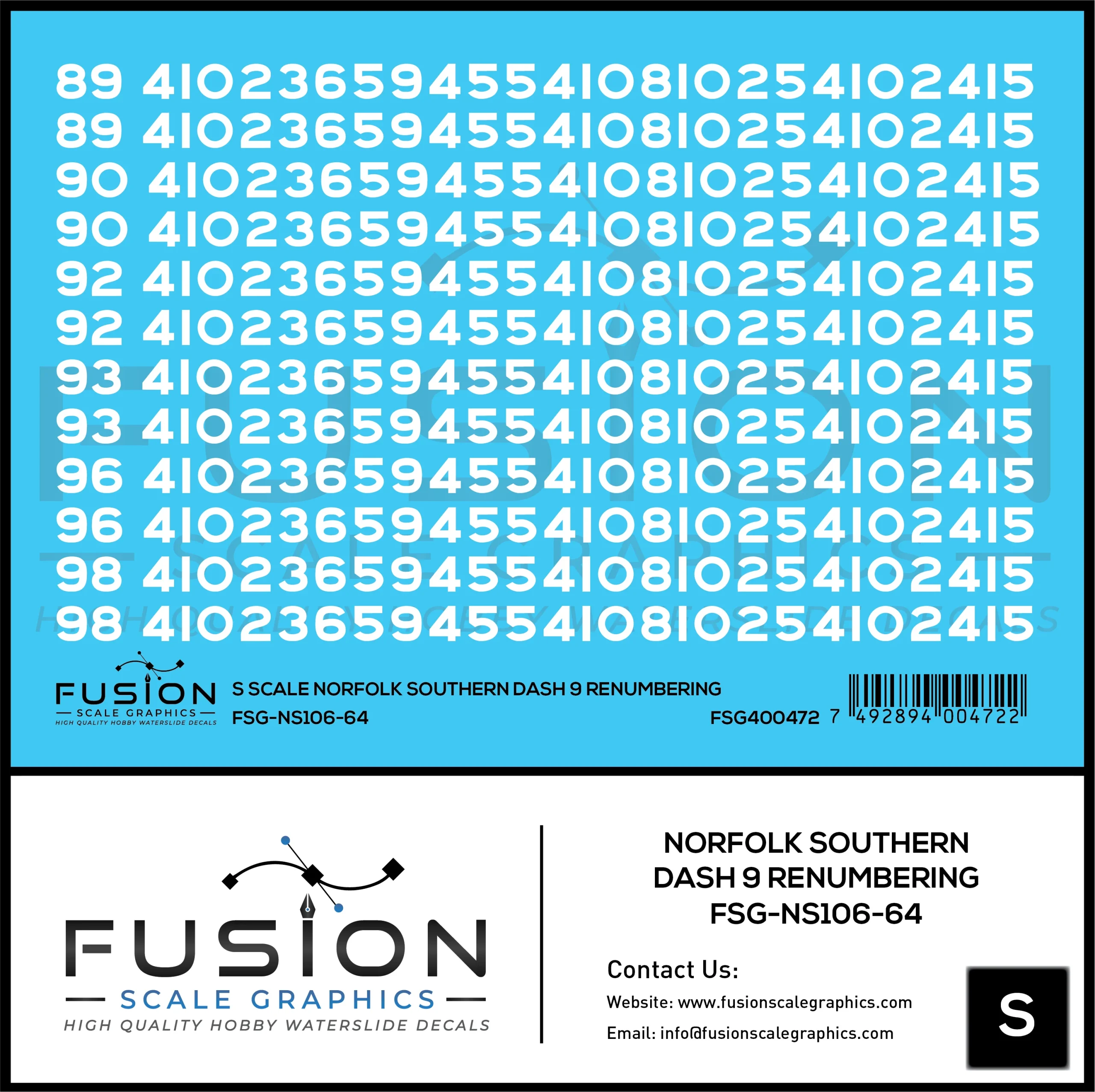 S Scale Norfolk Southern GE Dash 9 Locomotive Renumbering Decal Set - Fusion Scale Graphics