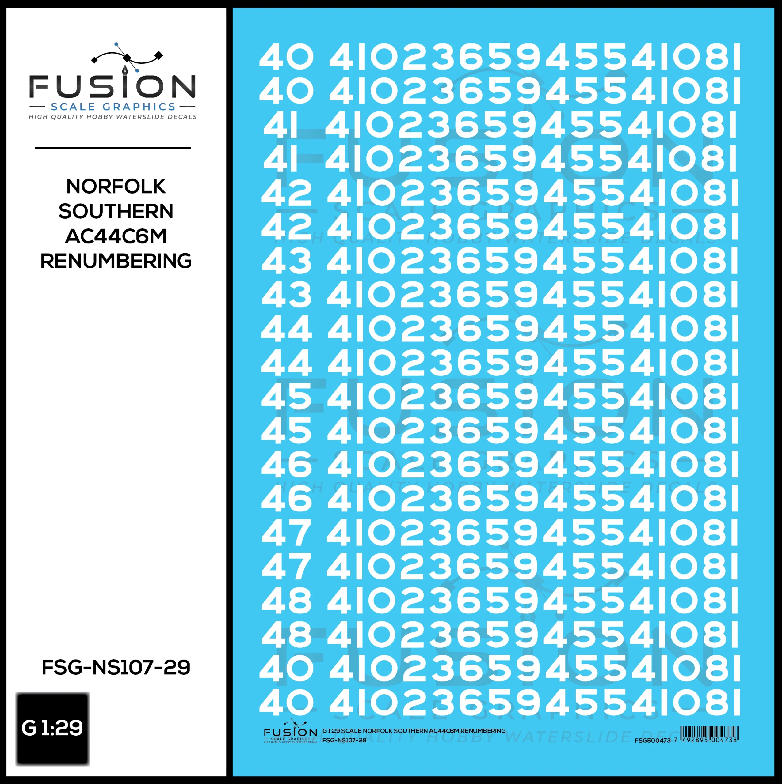 G 1:29 Scale Norfolk Southern GE AC44C6M Locomotive Renumbering Decal Set - Fusion Scale Graphics