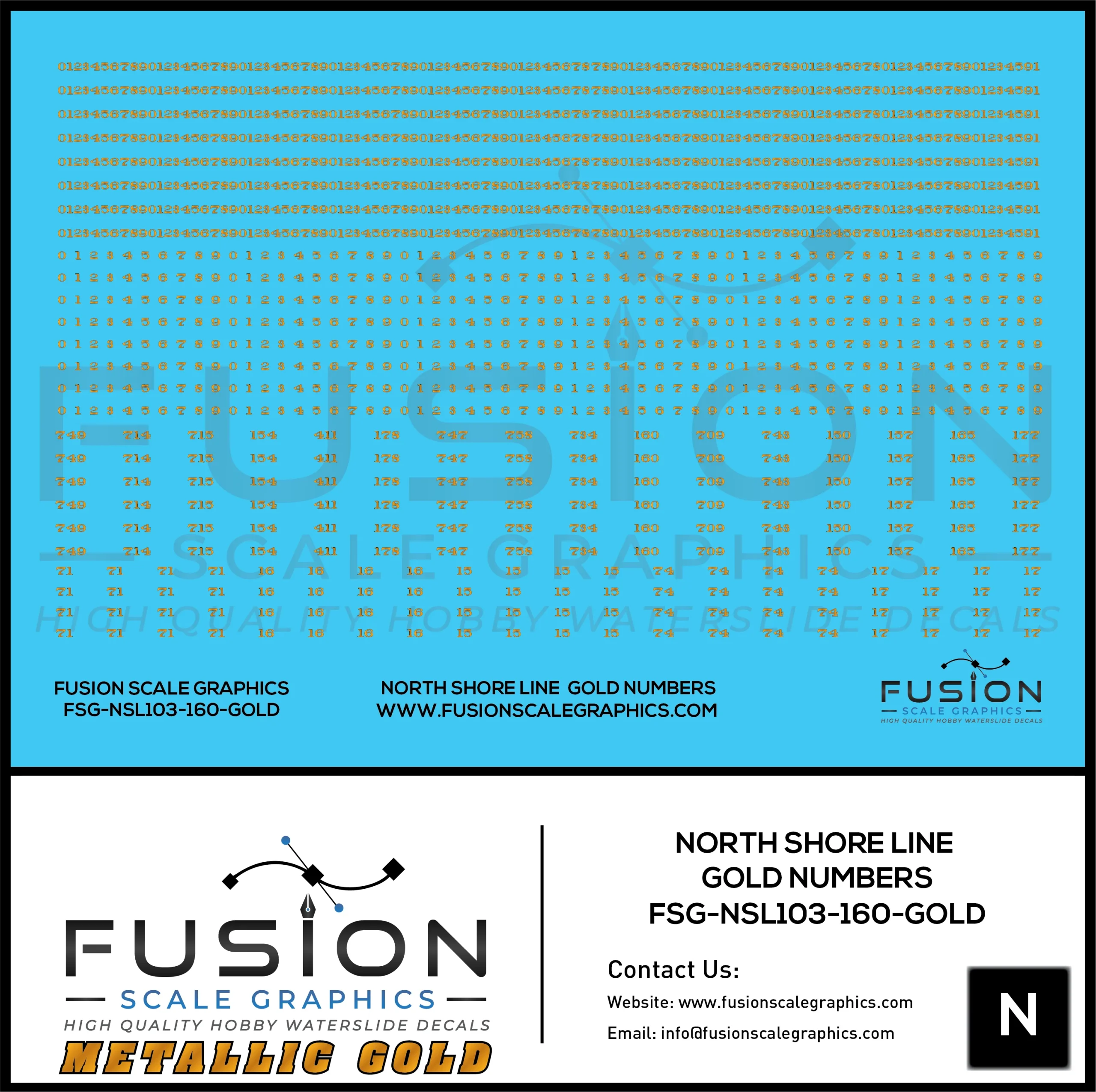 Metallic Gold N Scale North Shore Line Gold Car Numbers Decal Set - Fusion Scale Graphics
