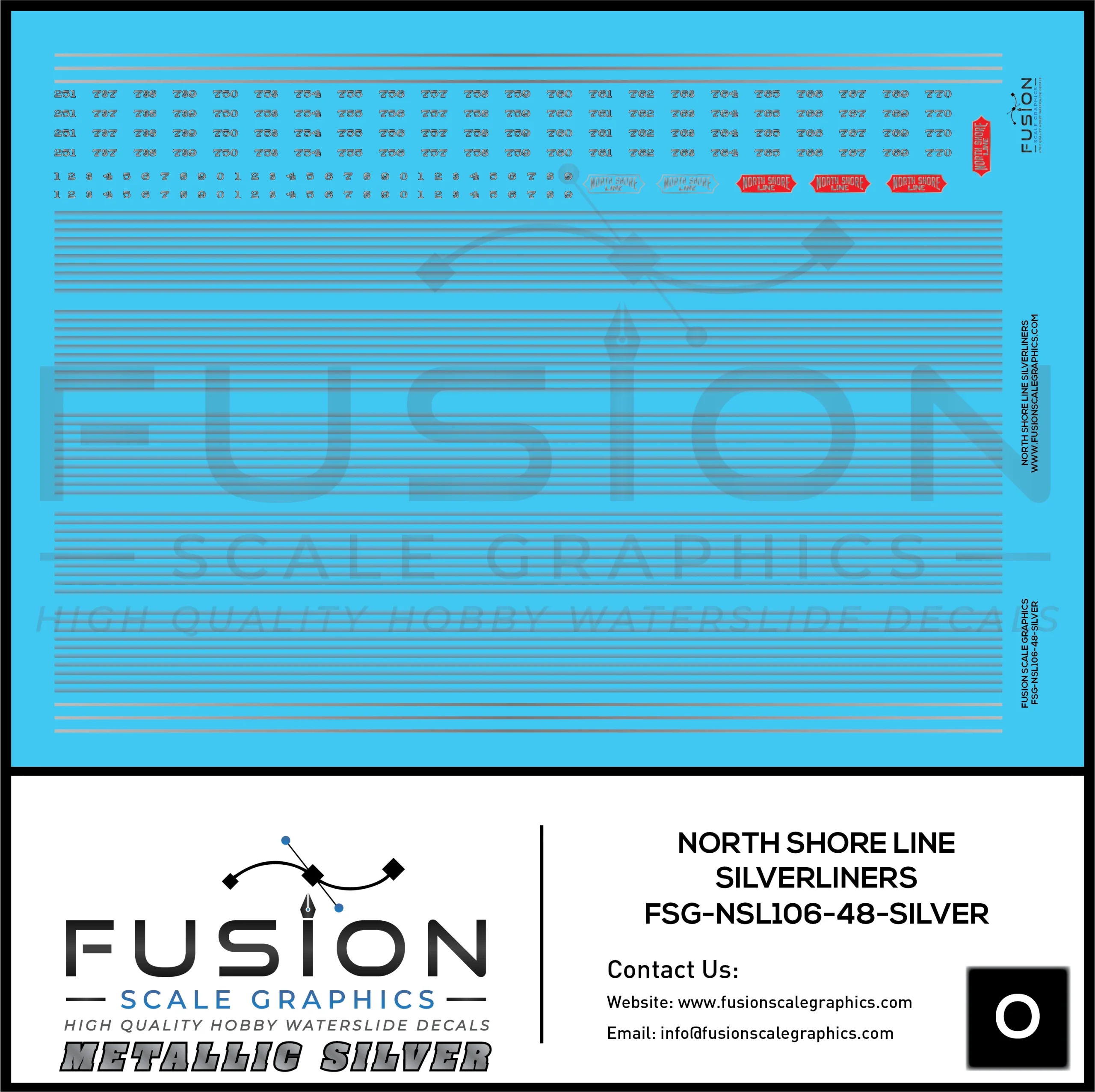 Metallic Silver O Scale Chicago North Shore & Milwaukee Silverliners Decal Set - Fusion Scale Graphics