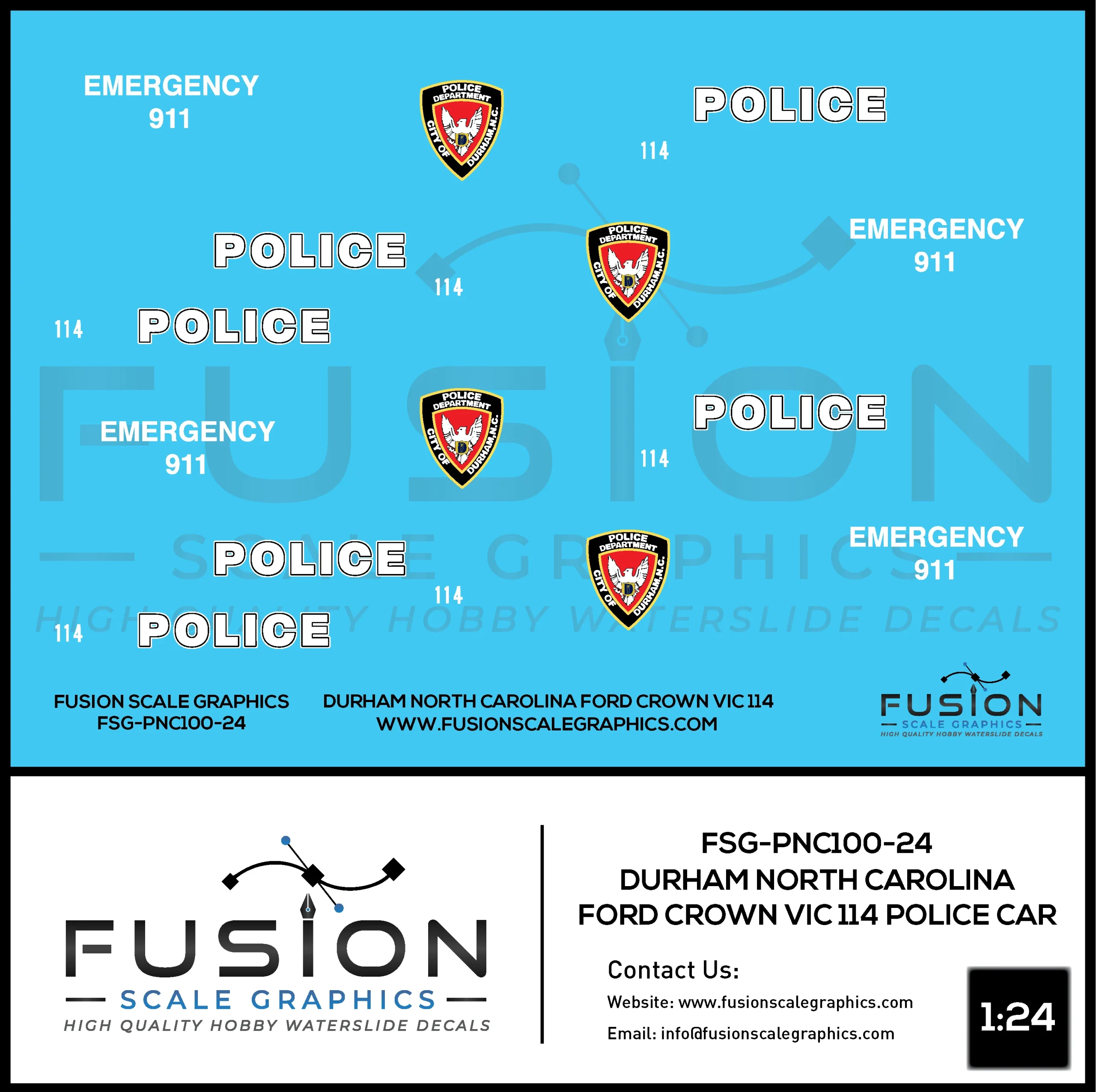 1/24th Scale Durham North Carolina Crown Vic 114 Police Car Decal Set - Fusion Scale Graphics