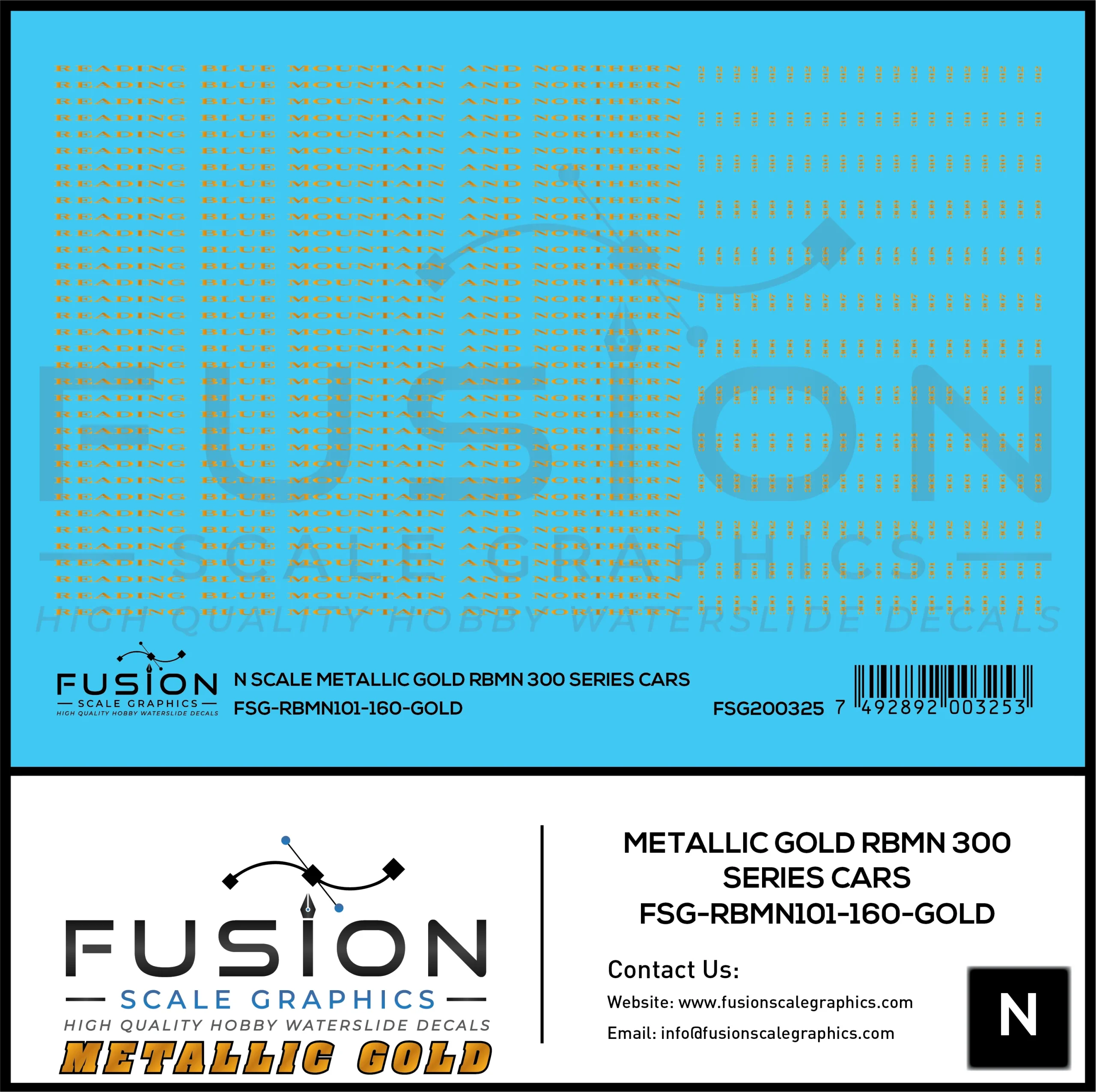 N Scale Metallic Gold Reading Blue Mountain & Northern 300 Series Passenger Cars - Fusion Scale Graphics