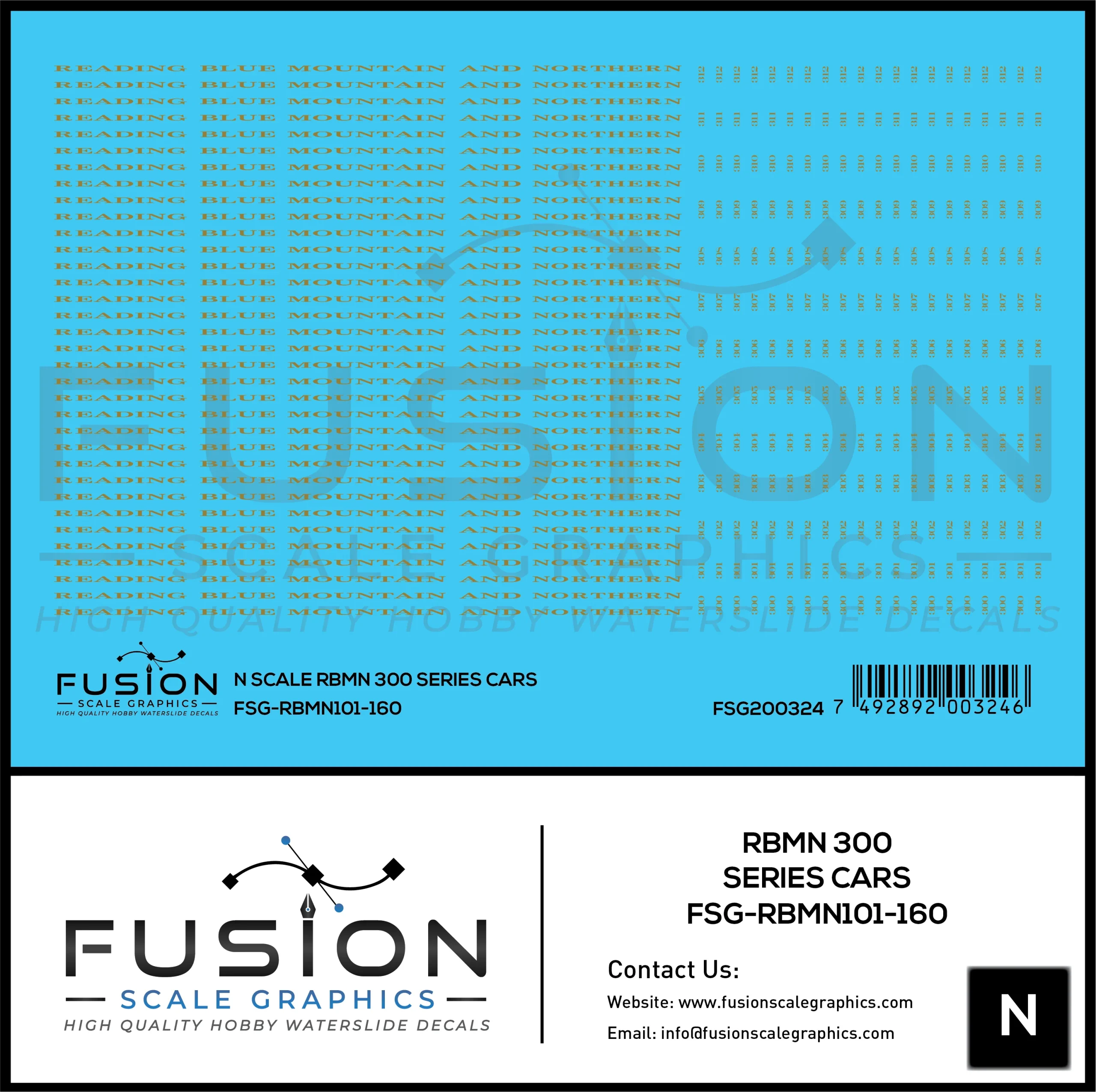 N Scale Reading Blue Mountain & Northern 300 Series Passenger Cars Decal Set - Fusion Scale Graphics