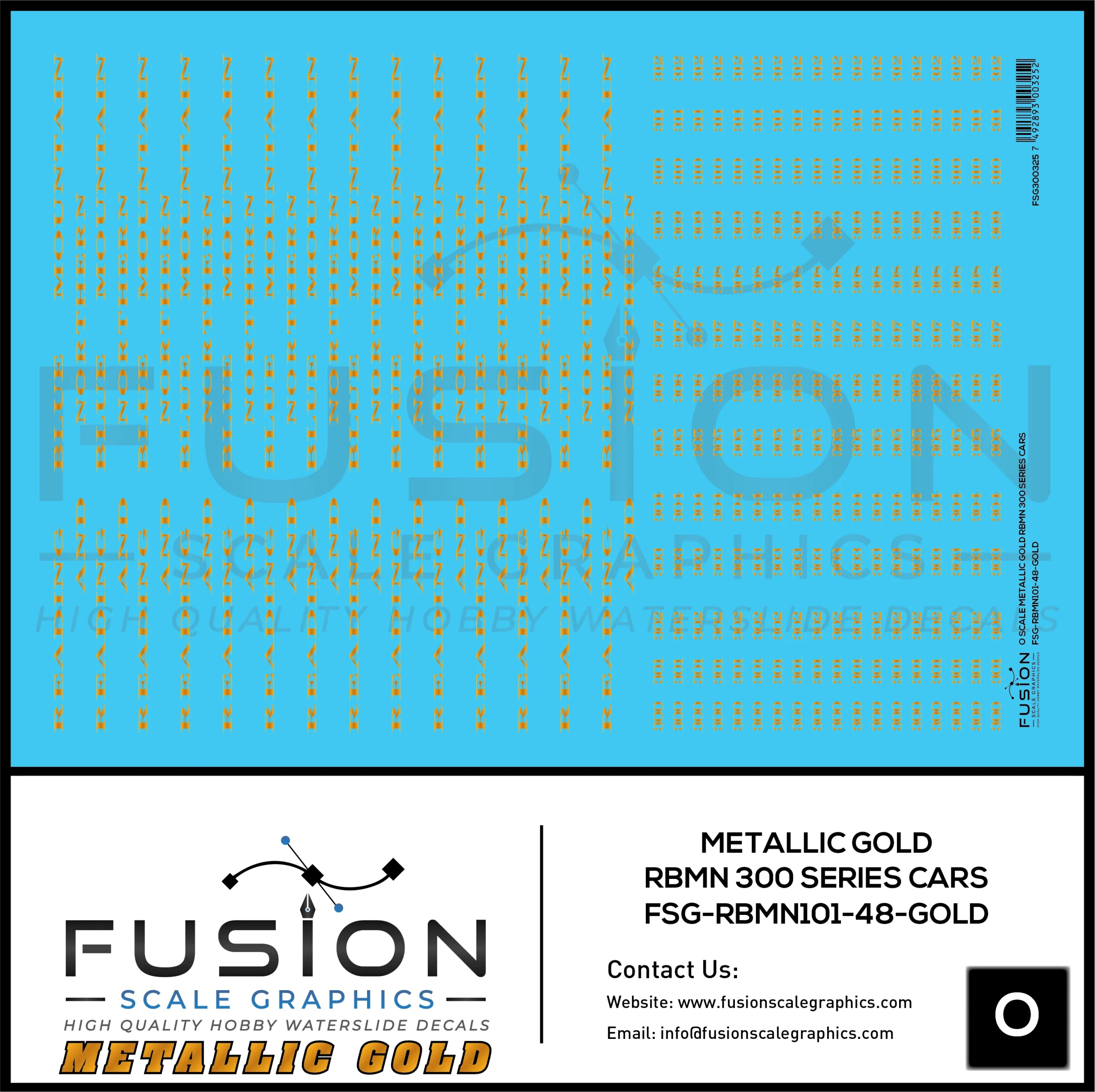 O Scale Metallic Gold Reading Blue Mountain & Northern 300 Series Passenger Cars Decal Set - Fusion Scale Graphics