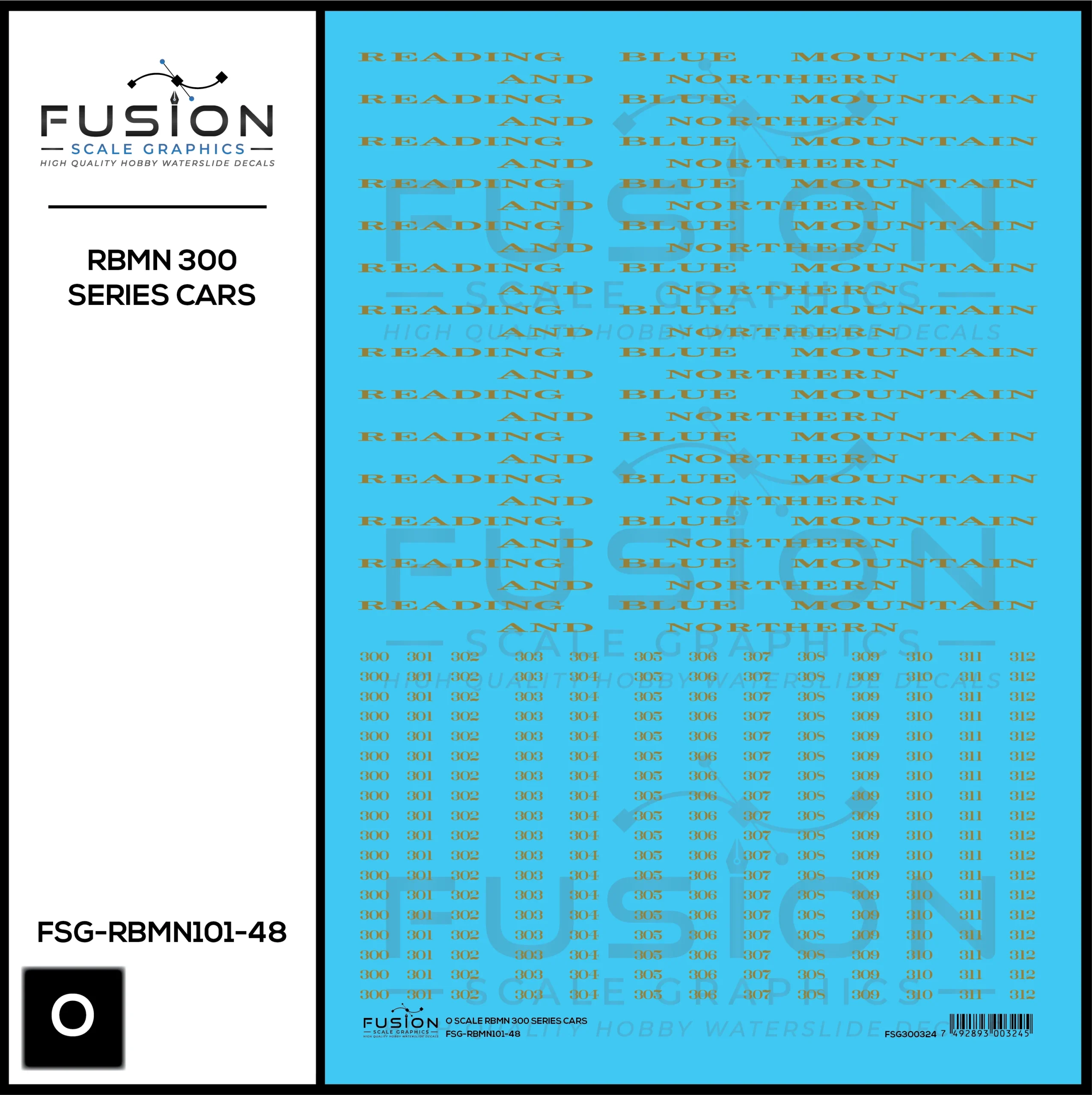 O Scale Reading Blue Mountain & Northern 300 Series Passenger Cars Decal Set - Fusion Scale Graphics