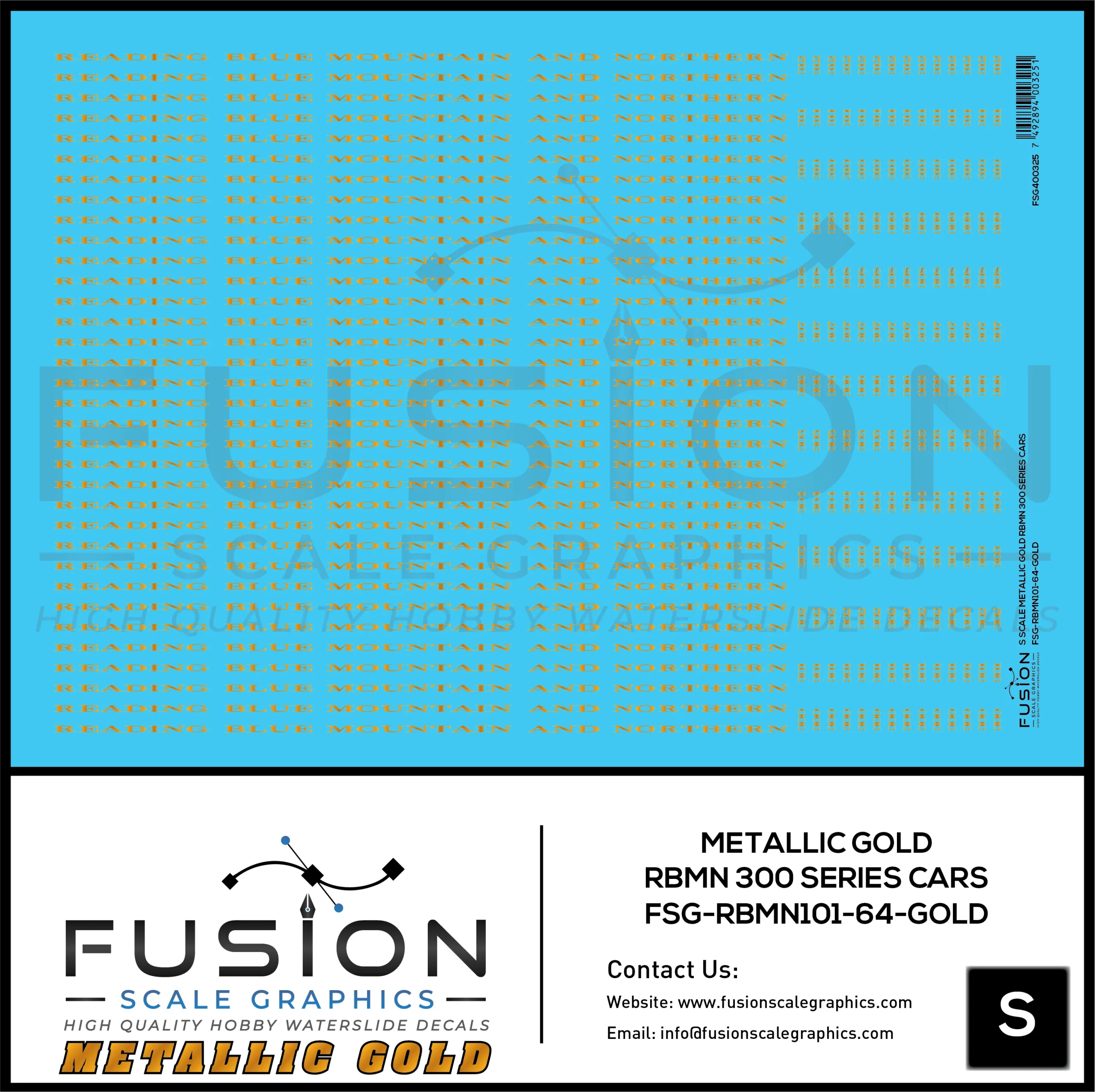 S Scale Metallic Gold Reading Blue Mountain & Northern 300 Series Passenger Cars Decal Set - Fusion Scale Graphics