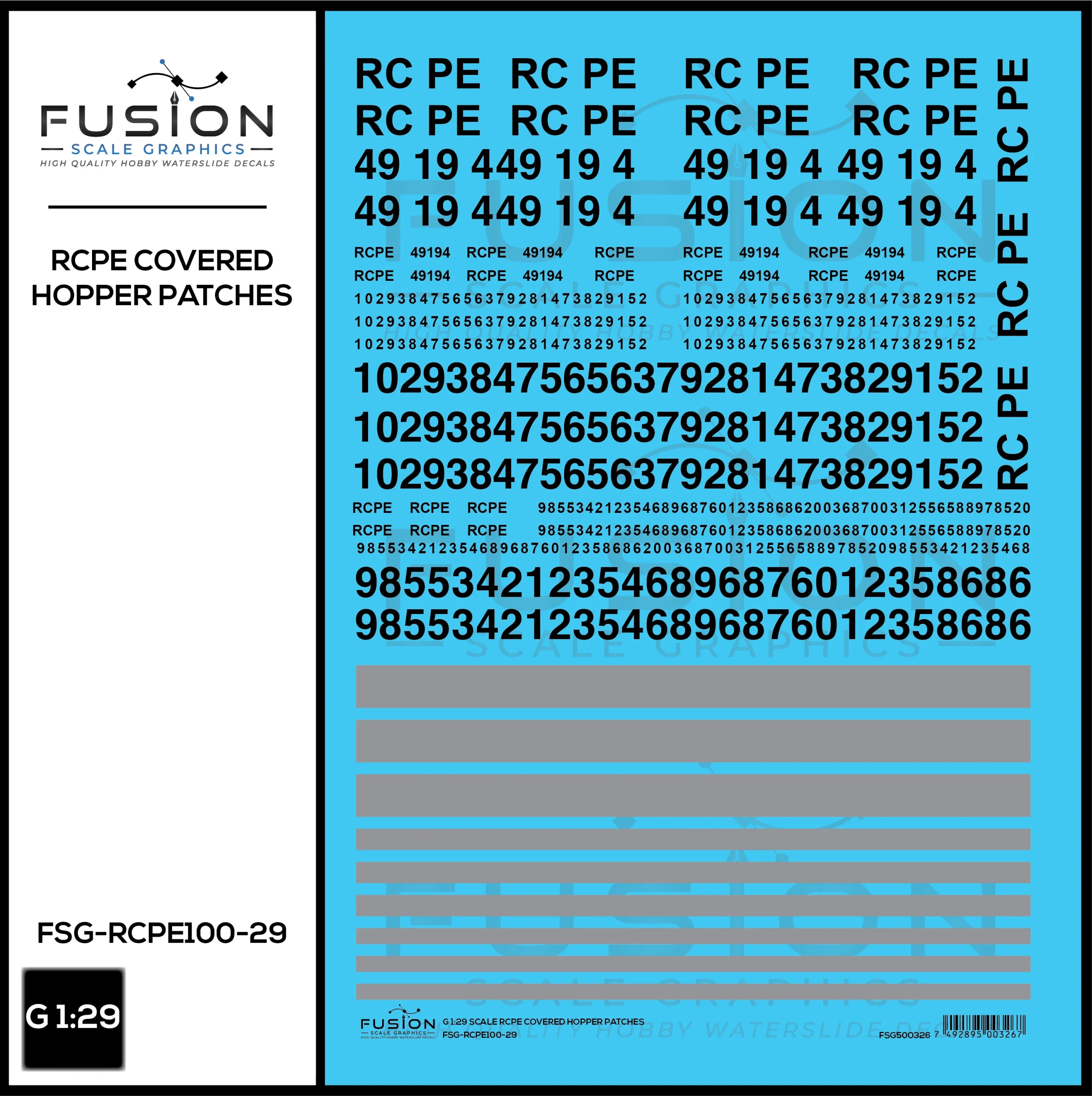 G 1:29 Scale RCPE Covered Hopper Patch Decal Set - Fusion Scale Graphics