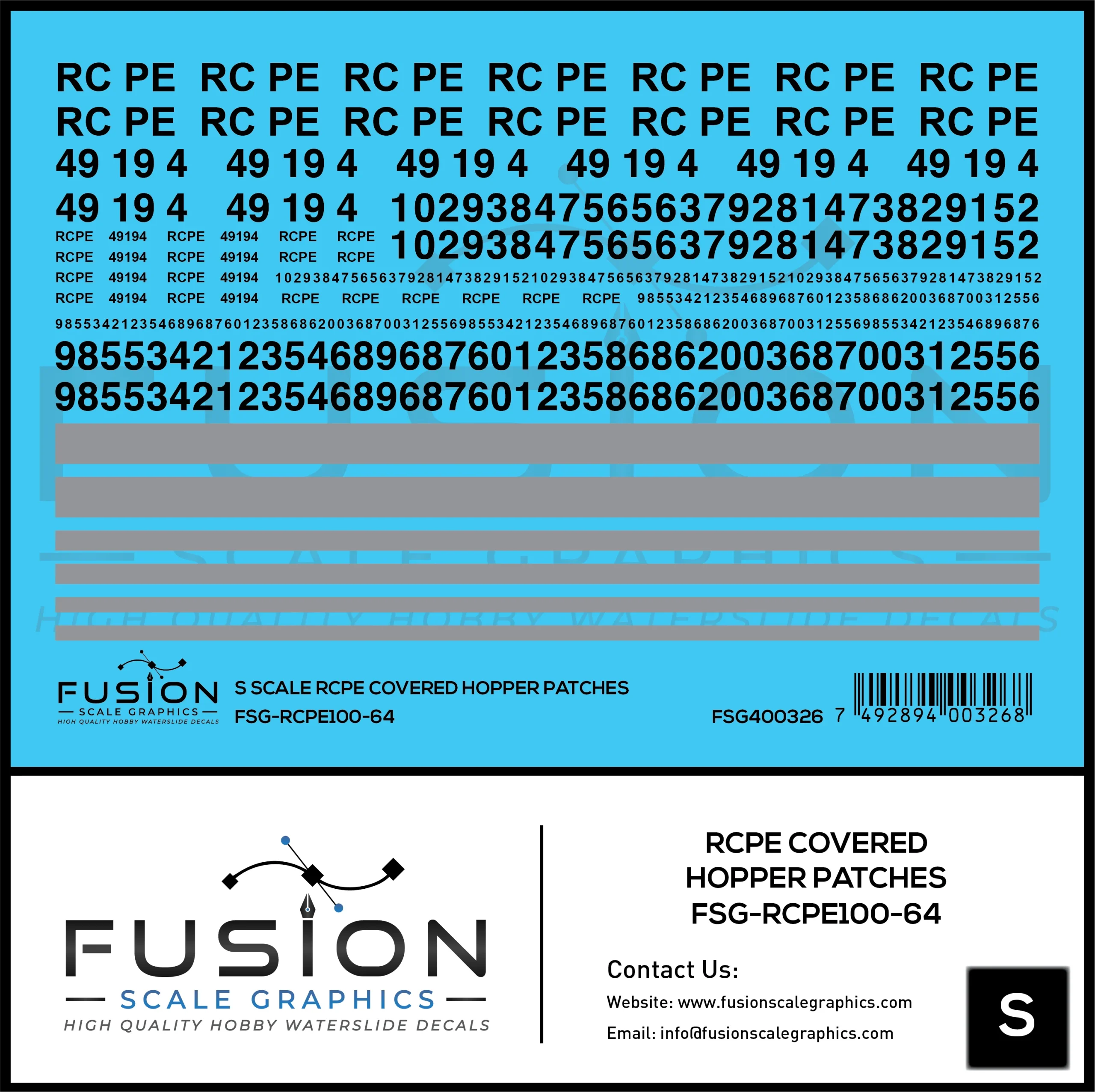 S Scale RCPE Covered Hopper Patch Decal Set - Fusion Scale Graphics