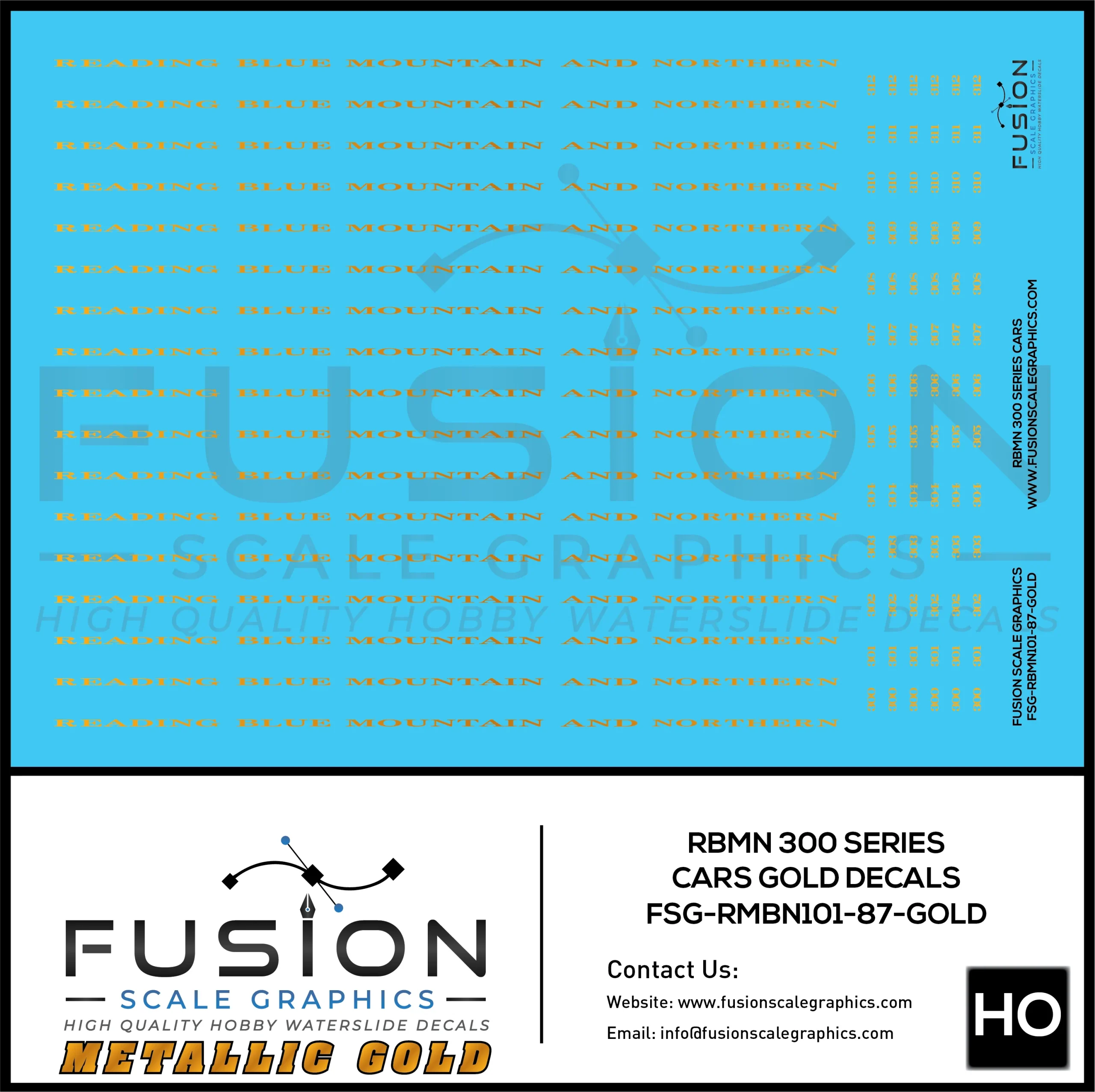 Metallic Gold HO Scale RBMN 300 Series Passenger Cars Decal Set - Fusion Scale Graphics