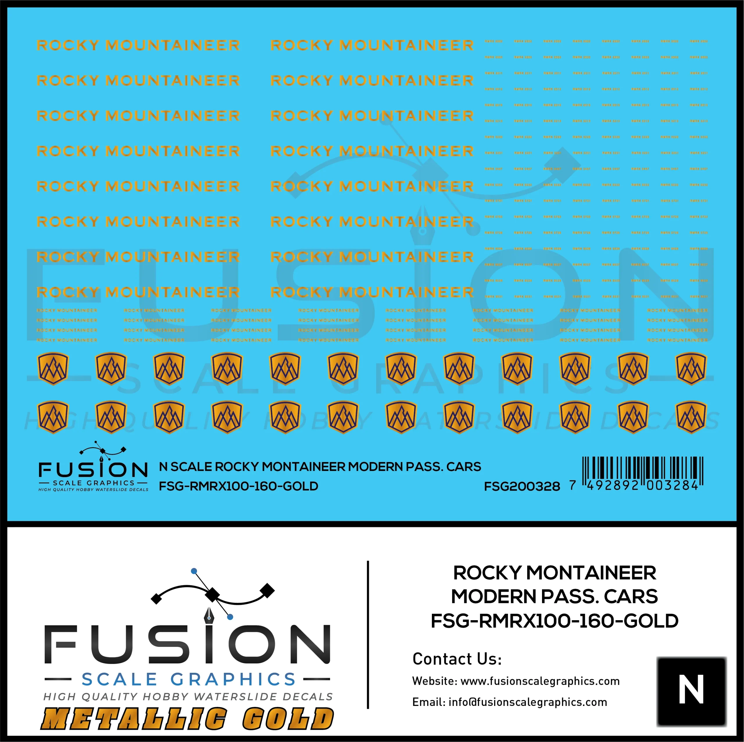 N Scale Metallic Gold Rocky Mountaineer Passenger Cars Decal Set - Fusion Scale Graphics