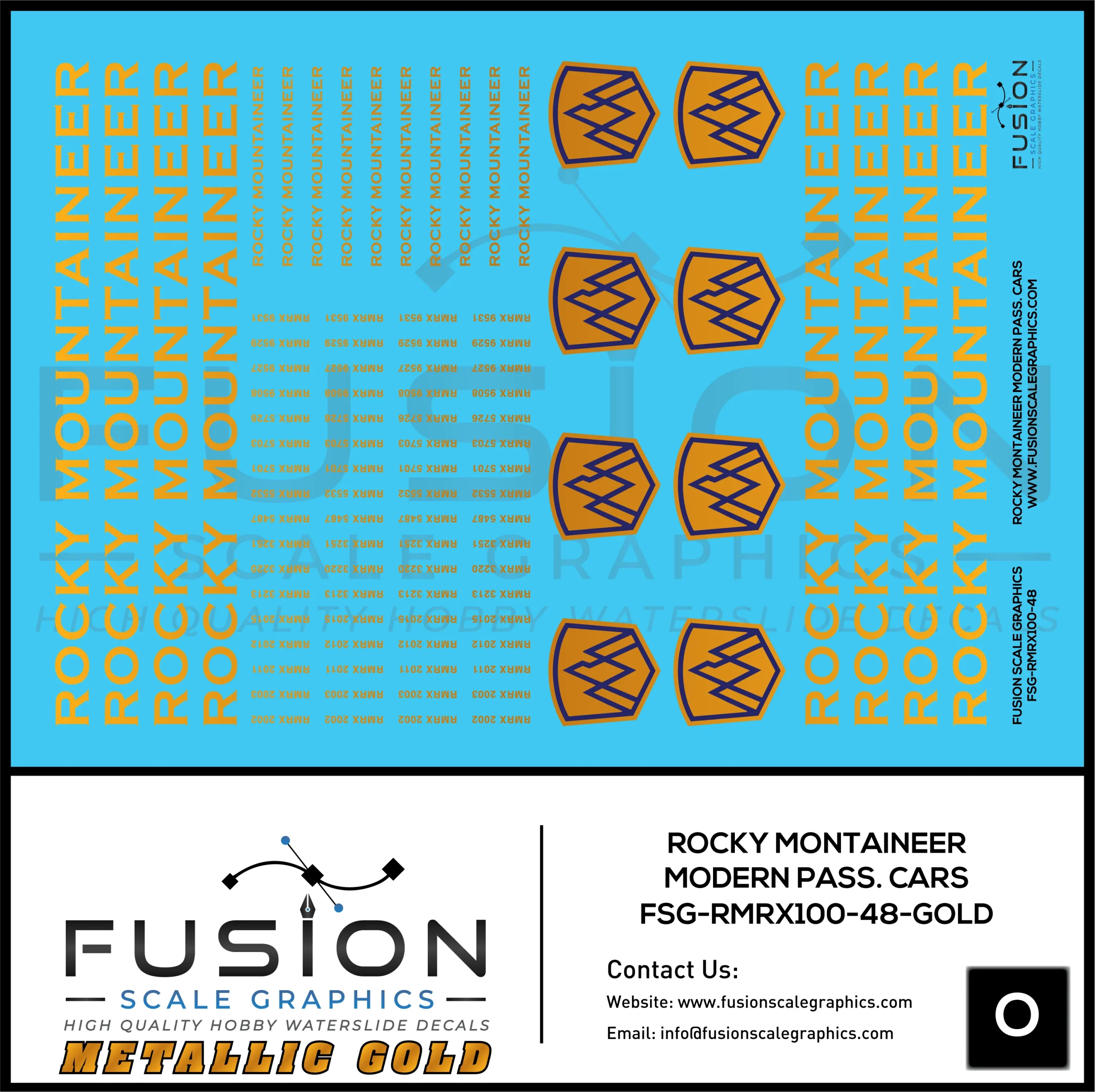 Metallic Gold O Scale Rocky Mountaineer Modern Passenger Cars Decal Set - Fusion Scale Graphics