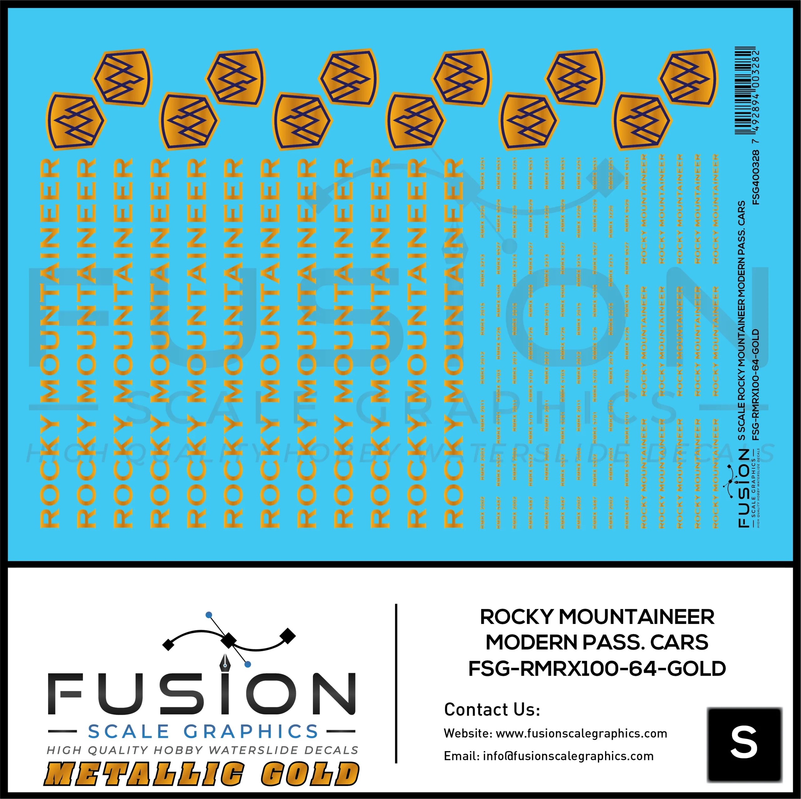 S Scale Metallic Gold Rocky Mountaineer Modern Passenger Cars Decal Set - Fusion Scale Graphics
