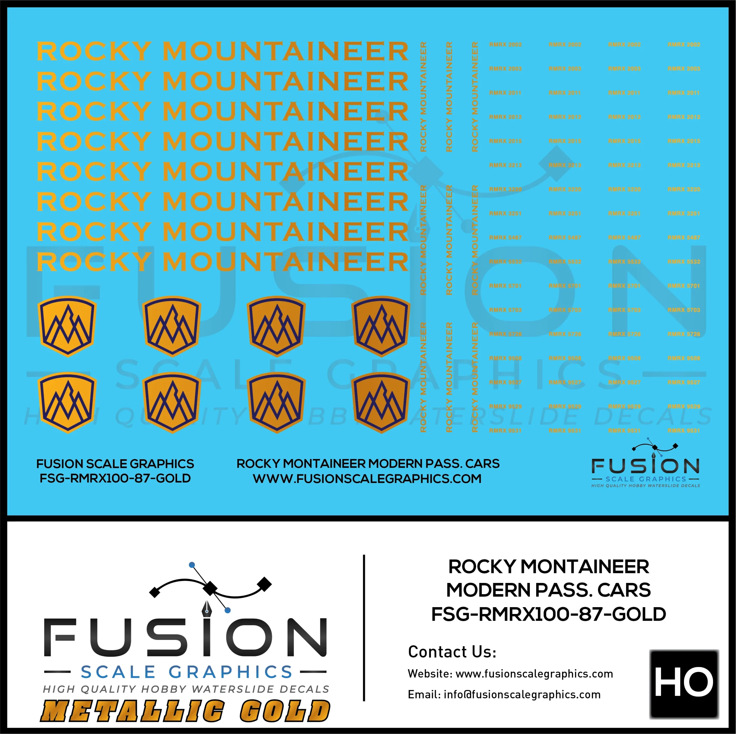HO Scale Metallic Gold Rocky Mountaineer Passenger Cars Decal Set - Fusion Scale Graphics