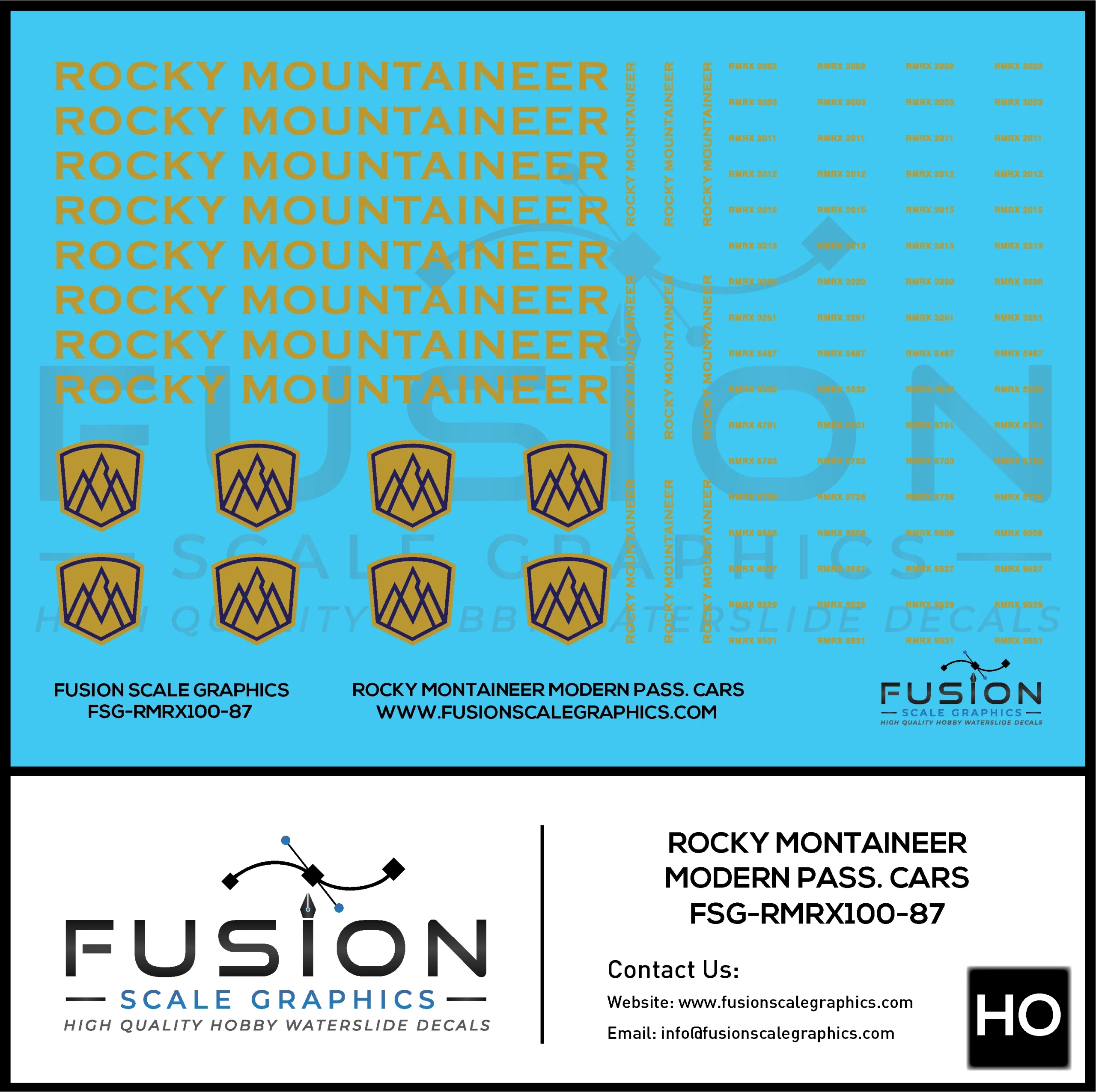 HO Scale Rocky Mountaineer Modern Passenger Cars Decal Set - Fusion Scale Graphics