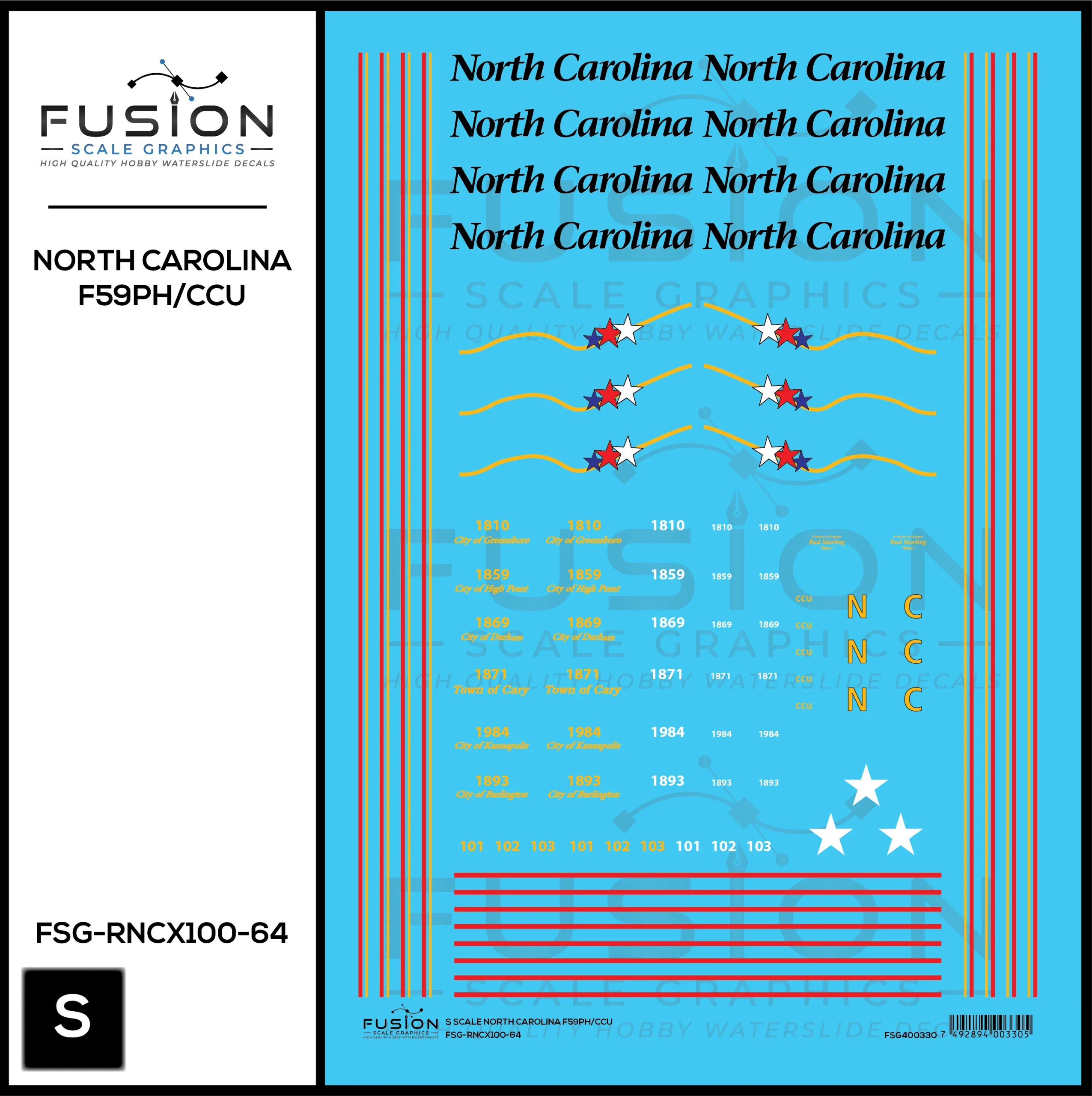 S Scale North Carolina DOT EMD F59PH/CCU Decal Set - Fusion Scale Graphics