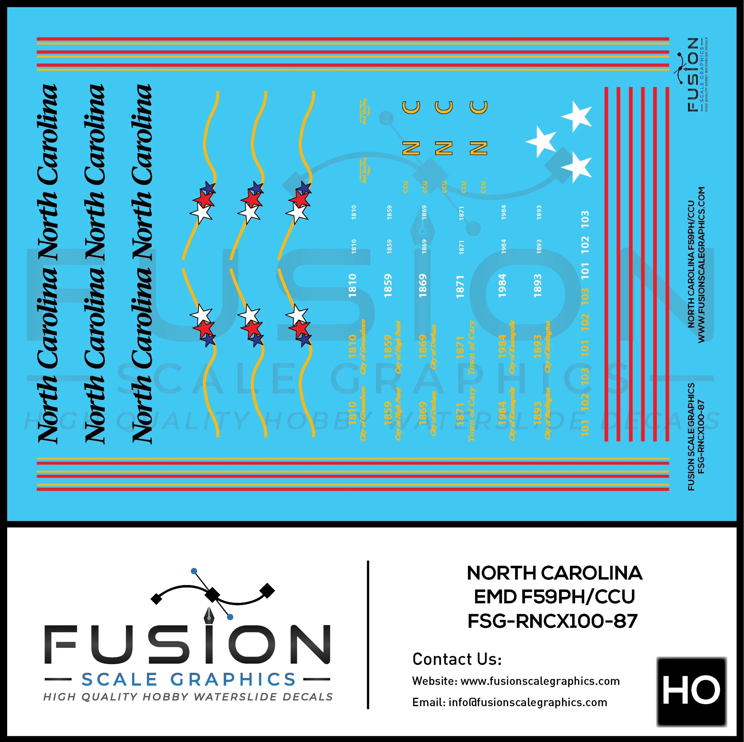 HO Scale North Carolina F59PH CCU Locomotive Decal Set - Fusion Scale Graphics