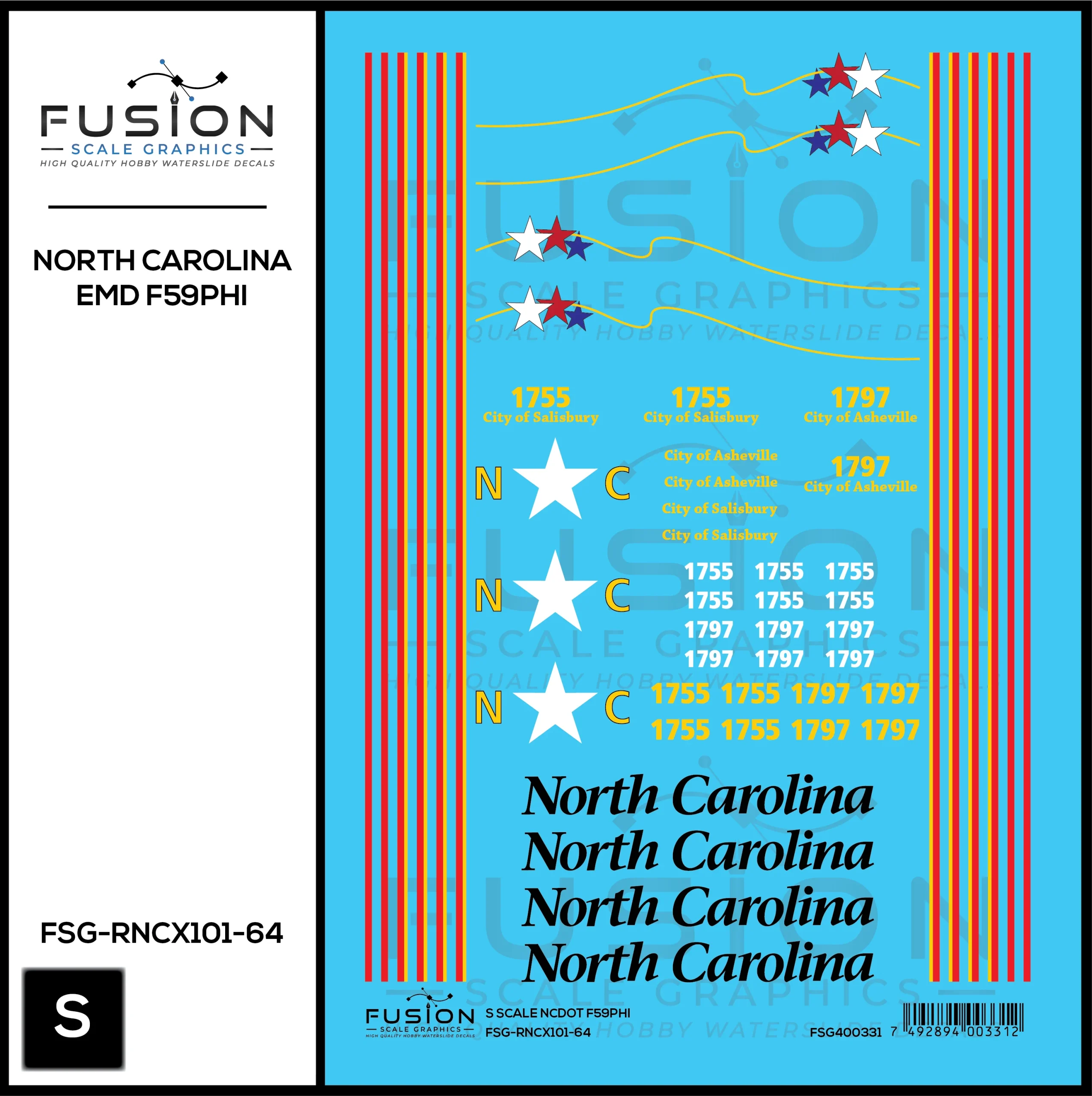 S Scale North Carolina DOT EMD F59PHI Locomotive Decal Set - Fusion Scale Graphics