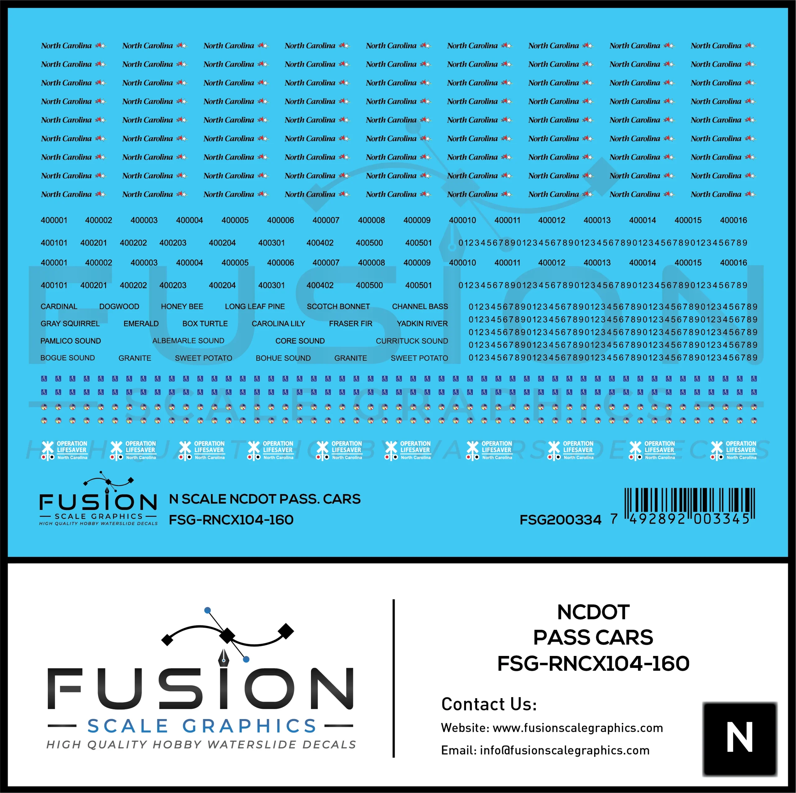 N Scale North Carolina DOT Passenger Cars Decal Set - Fusion Scale Graphics