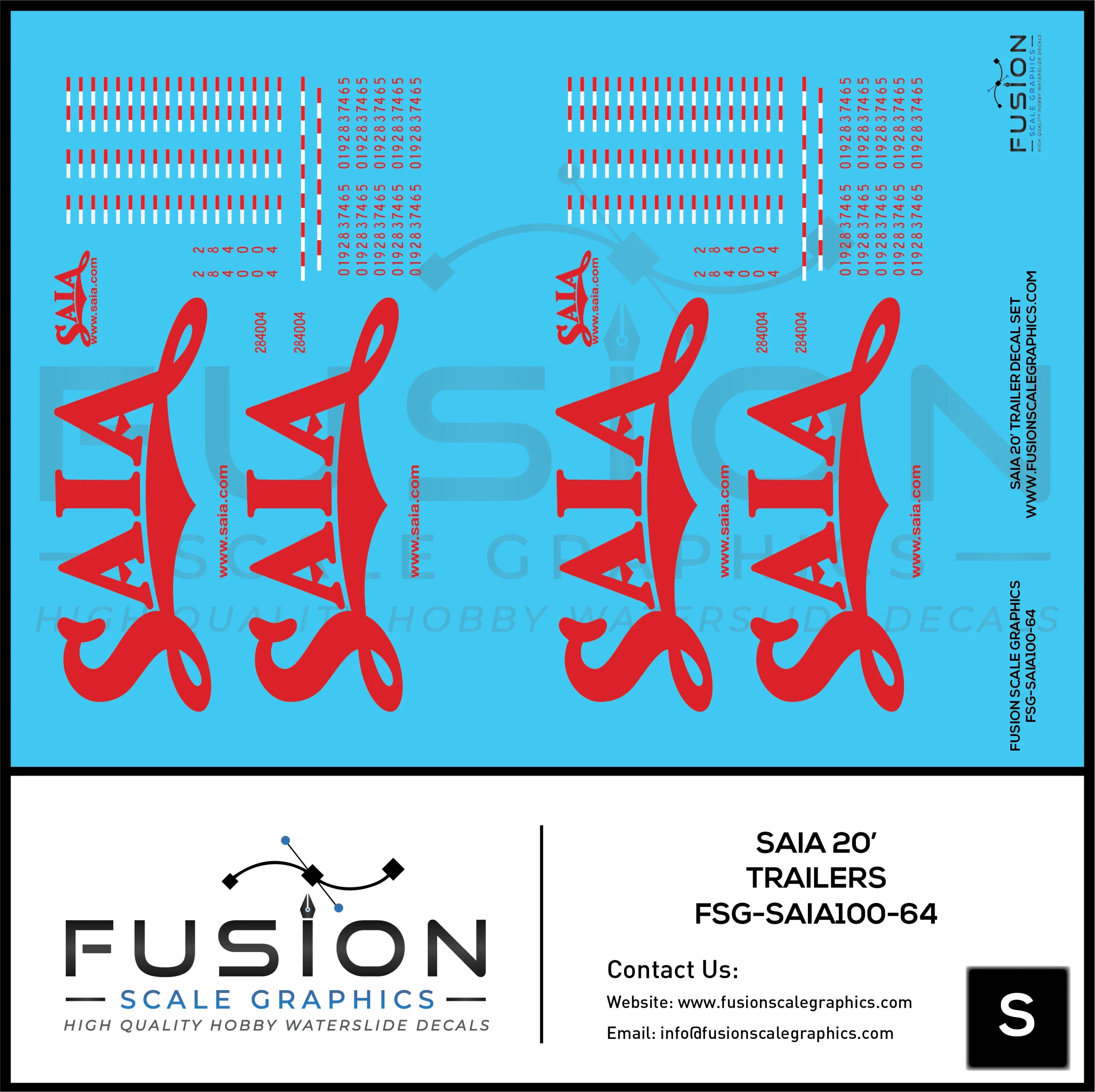 S Scale 1:64 Saia 20' Trailer Decal Set - Fusion Scale Graphics