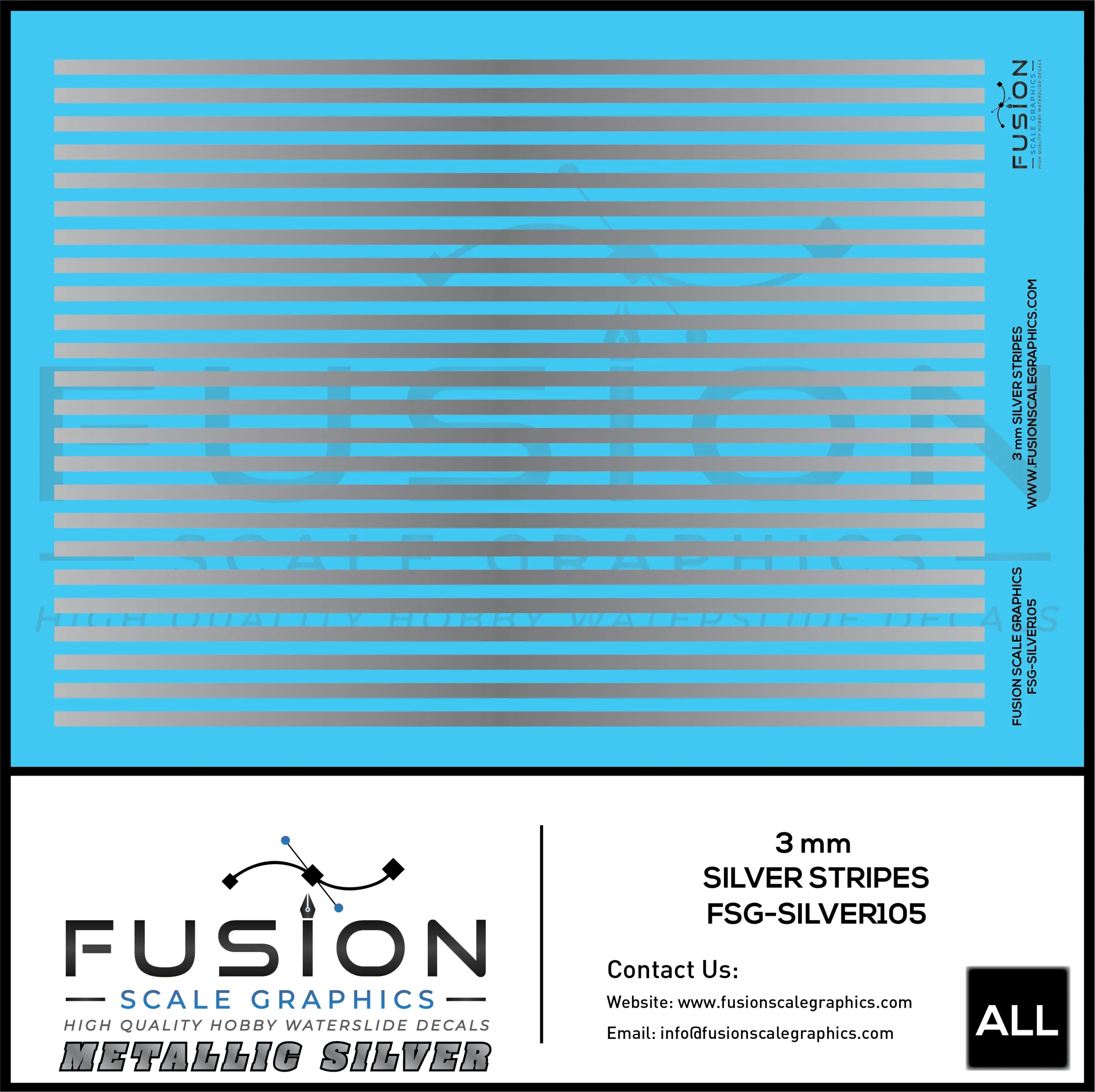 Metallic Silver 3mm Wide Gold Stripe Decal Set - Fusion Scale Graphics