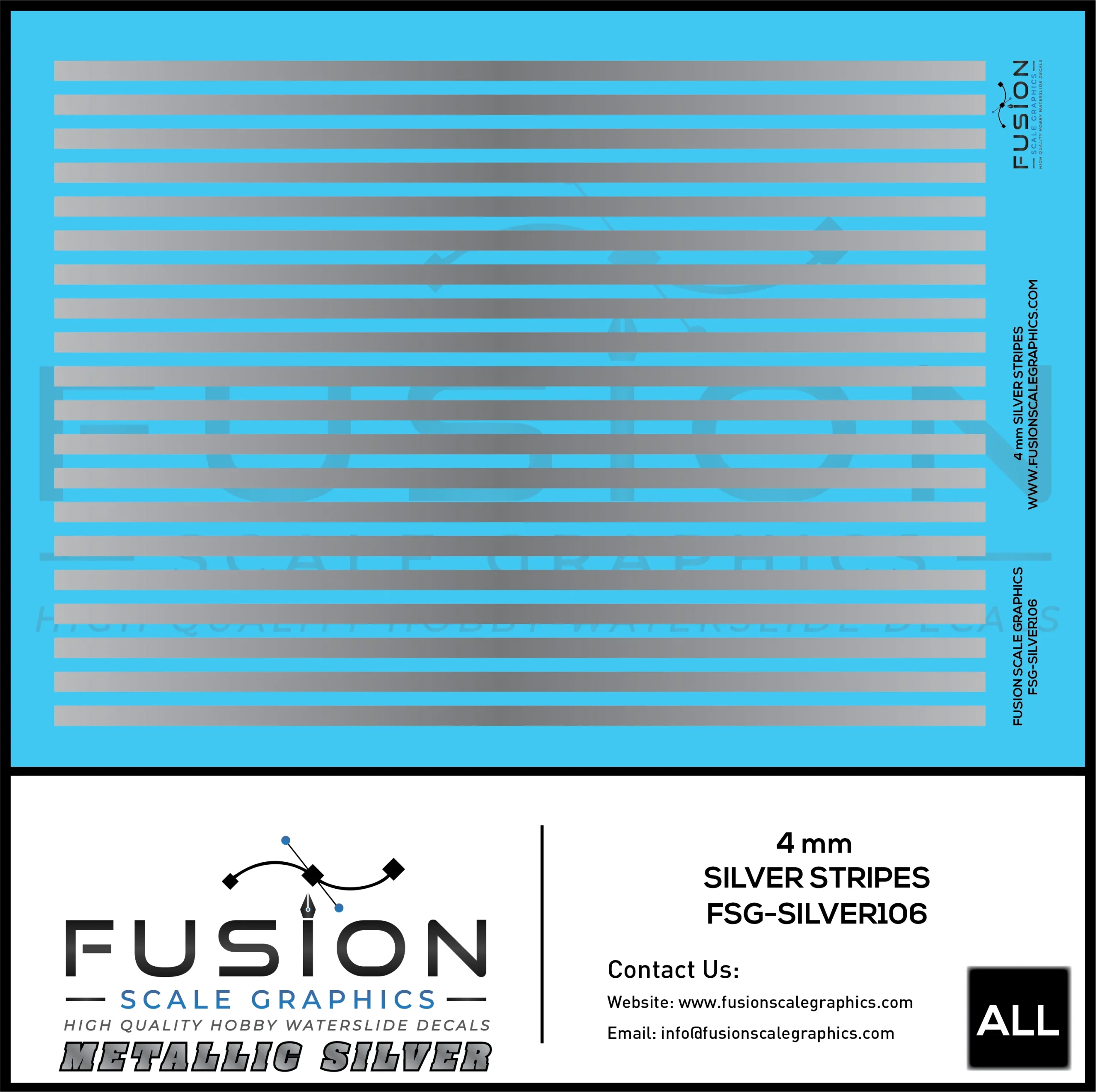 Metallic Silver 4mm Wide Stripe Decal Set - Fusion Scale Graphics
