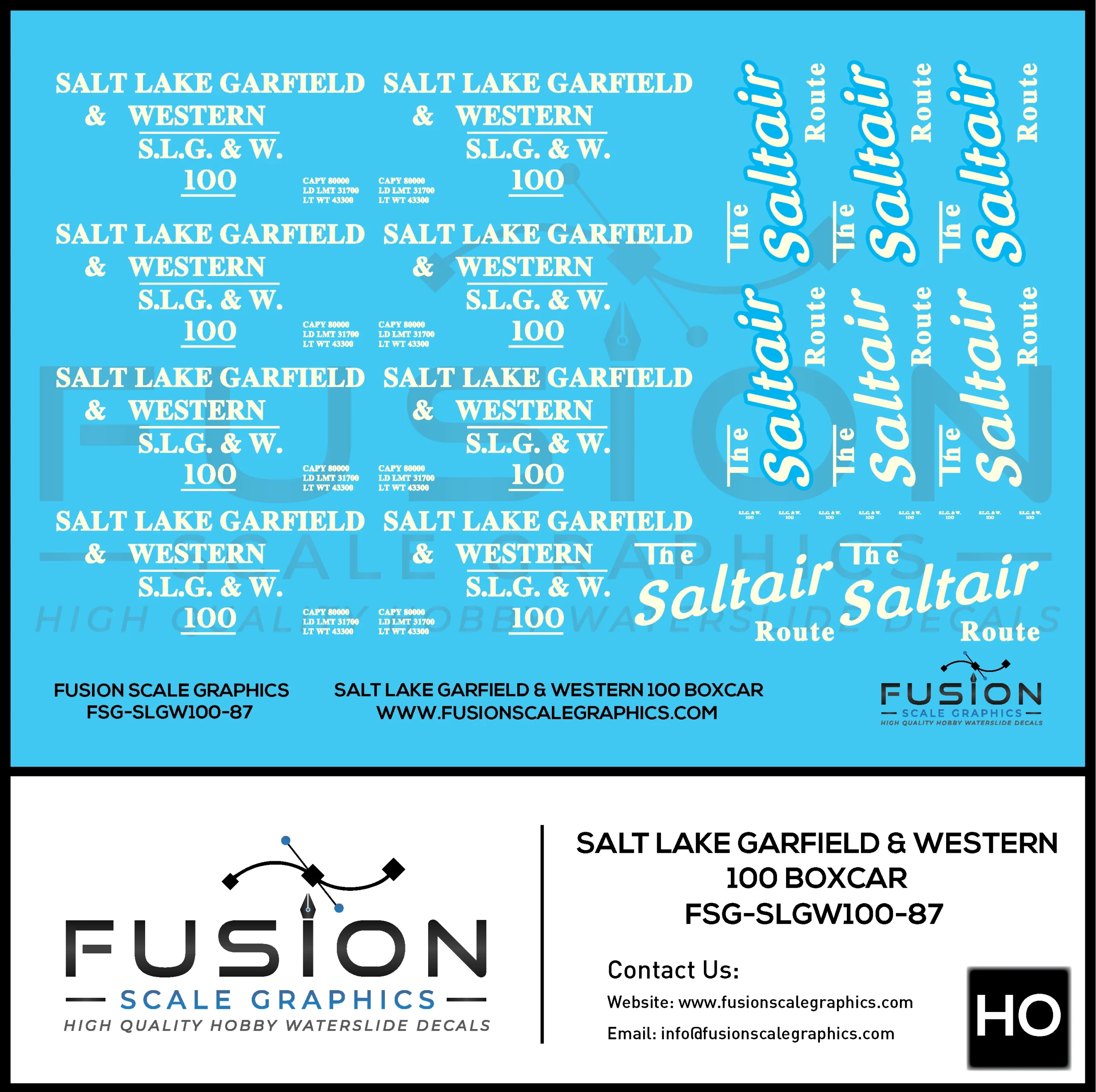 HO Scale Salt Lake Garfield & Western Railway Boxcar 100 Decal Set - Fusion Scale Graphics