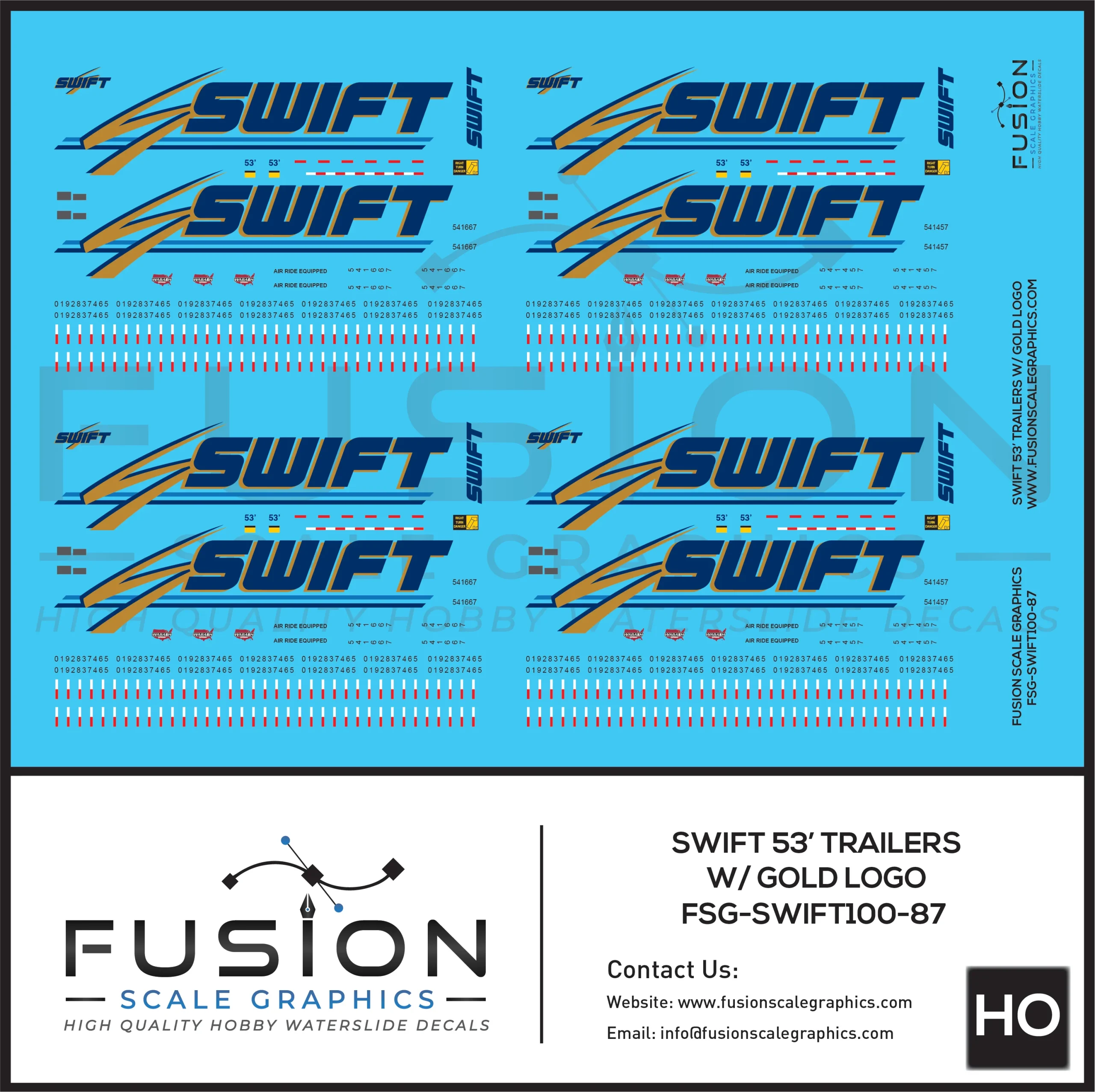 HO Scale Swift 53' Truck Trailers W/ Gold Logo Decal Set - Fusion Scale Graphics